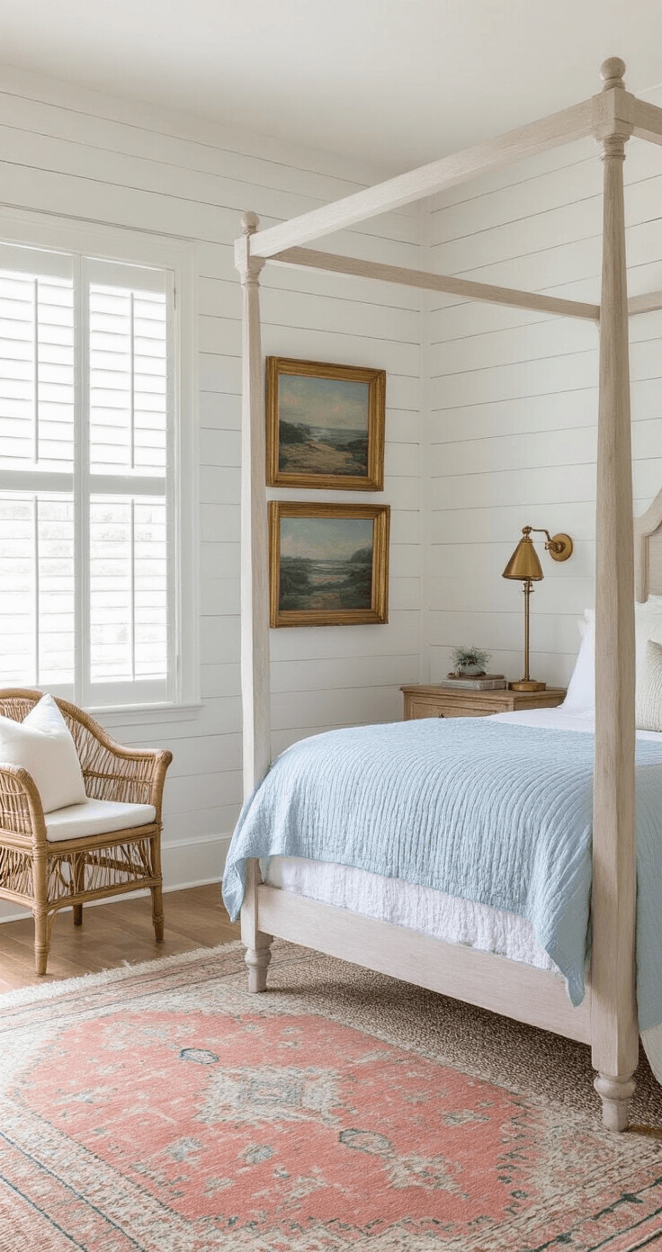 Coastal Granddaughter Room: Your Ultimate Guide to Dreamy, Breezy Bedroom Styling A wide-angle view of a coastal sanctuary with morning light filtering through plantation shutters, featuring a four-poster bed in weathered white oak, dressed in white linens and a blue quilted coverlet, a rattan chair in a reading nook, a brass floor lamp, a sisal carpet under a vintage Persian rug, and a white shiplap accent wall adorned with gilded-framed seascape art.