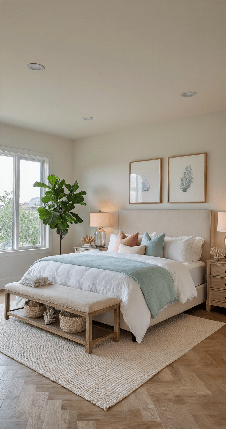 Coastal Granddaughter Room: Your Ultimate Guide to Dreamy, Breezy Bedroom Styling Intimate dusk portrait of a spacious primary bedroom featuring a California king bed with a natural linen headboard, layered bedding in whites, pale aqua, and blush pink, oversized windows, weathered oak nightstands with glass lamps, a dramatic fiddle leaf fig, herringbone hardwood floors, a soft ivory area rug, and subtle coastal artwork, captured in warm ambient and cool window light.