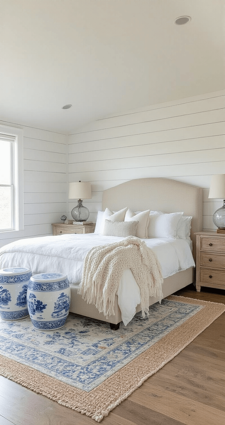 Coastal Granddaughter Room: Your Ultimate Guide to Dreamy, Breezy Bedroom Styling Early morning view of a cozy bedroom featuring a curved queen bed in oatmeal linen against a shiplap wall, adorned with layers of white cotton and pale blue linens. Driftwood nightstands with glass globe lamps and vintage blue and white chinoiserie garden stools complement the decor, all set on a seagrass rug overlaid with an antique Persian rug, captured in soft focus.