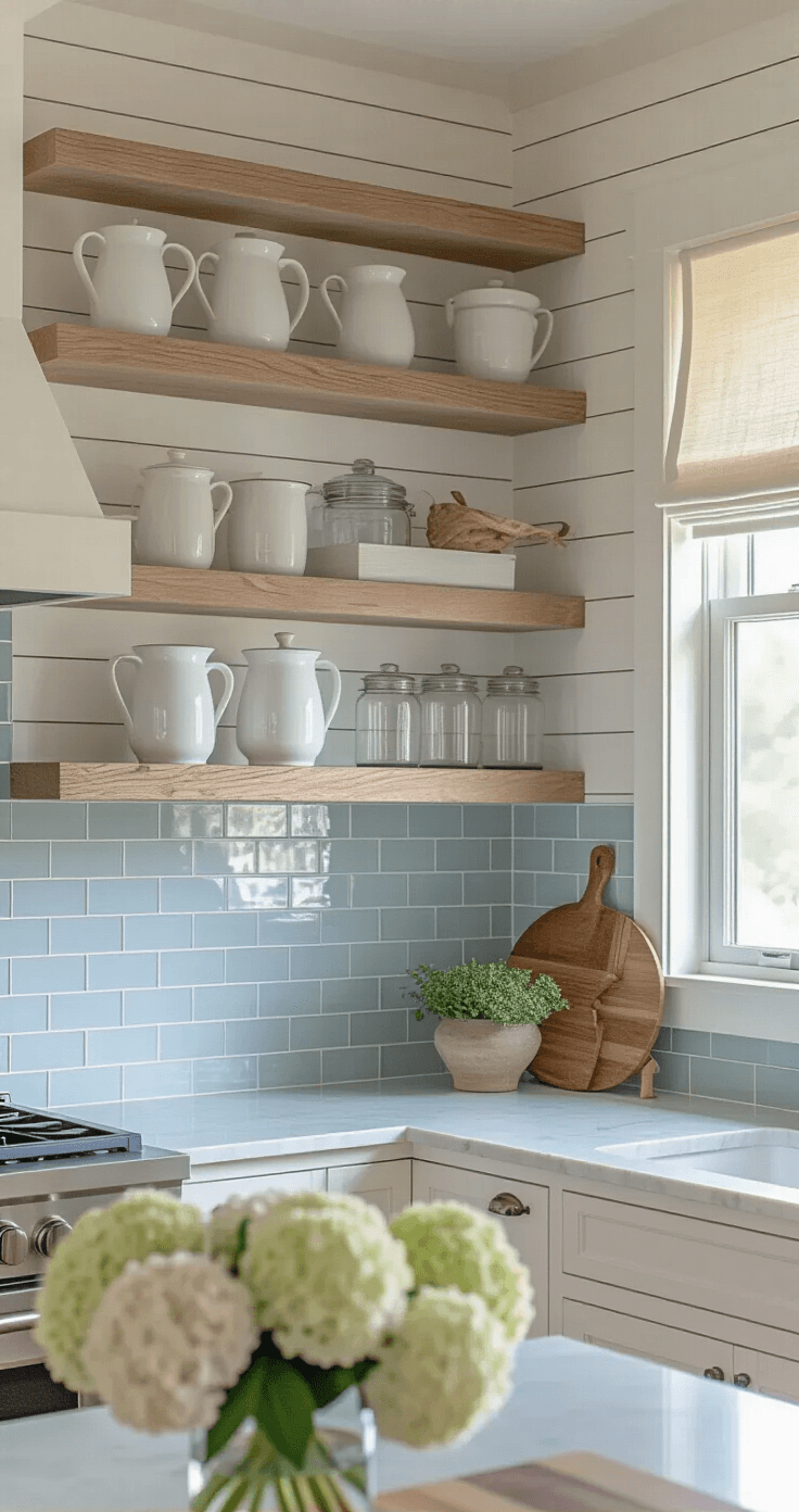 Coastal Style Kitchen: Transform Your Space into a Serene Beach Retreat Coastal kitchen corner with pale blue subway tile backsplash, open white oak shelving styled with ceramic pitchers and glass canisters, a marble countertop featuring wooden cutting boards and fresh hydrangeas, all illuminated by mid-morning sunlight filtering through a linen roman shade.