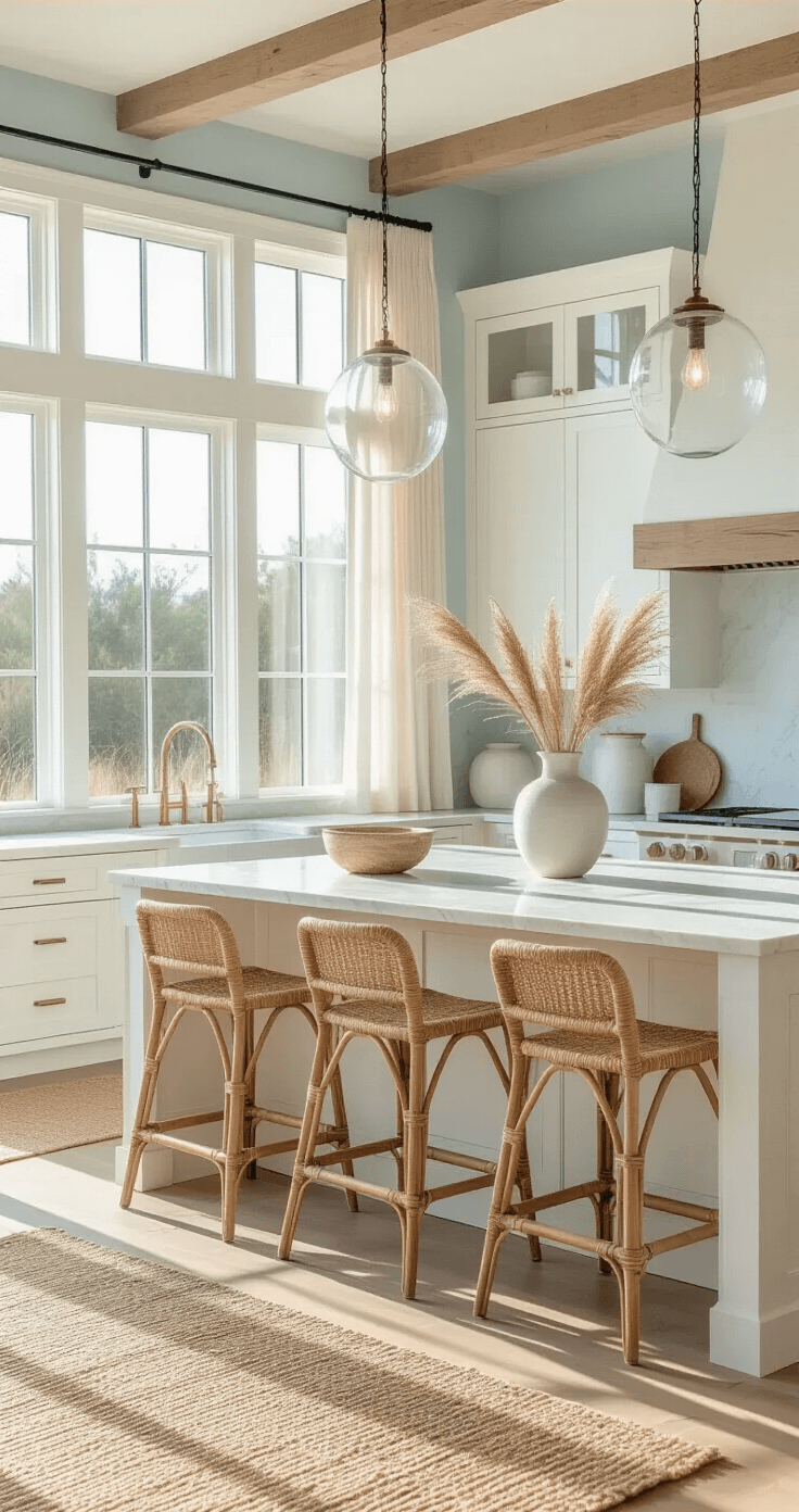 Coastal Cool: Transform Your Kitchen into a Modern Seaside Sanctuary A bright and airy coastal kitchen featuring white shaker cabinets and pale blue walls, illuminated by golden hour light through floor-to-ceiling windows. A marble waterfall island with rattan stools, glass globe pendants, and layered textures from a jute rug, linen curtains, and driftwood accents are highlighted, along with ceramic vases holding coastal grasses.