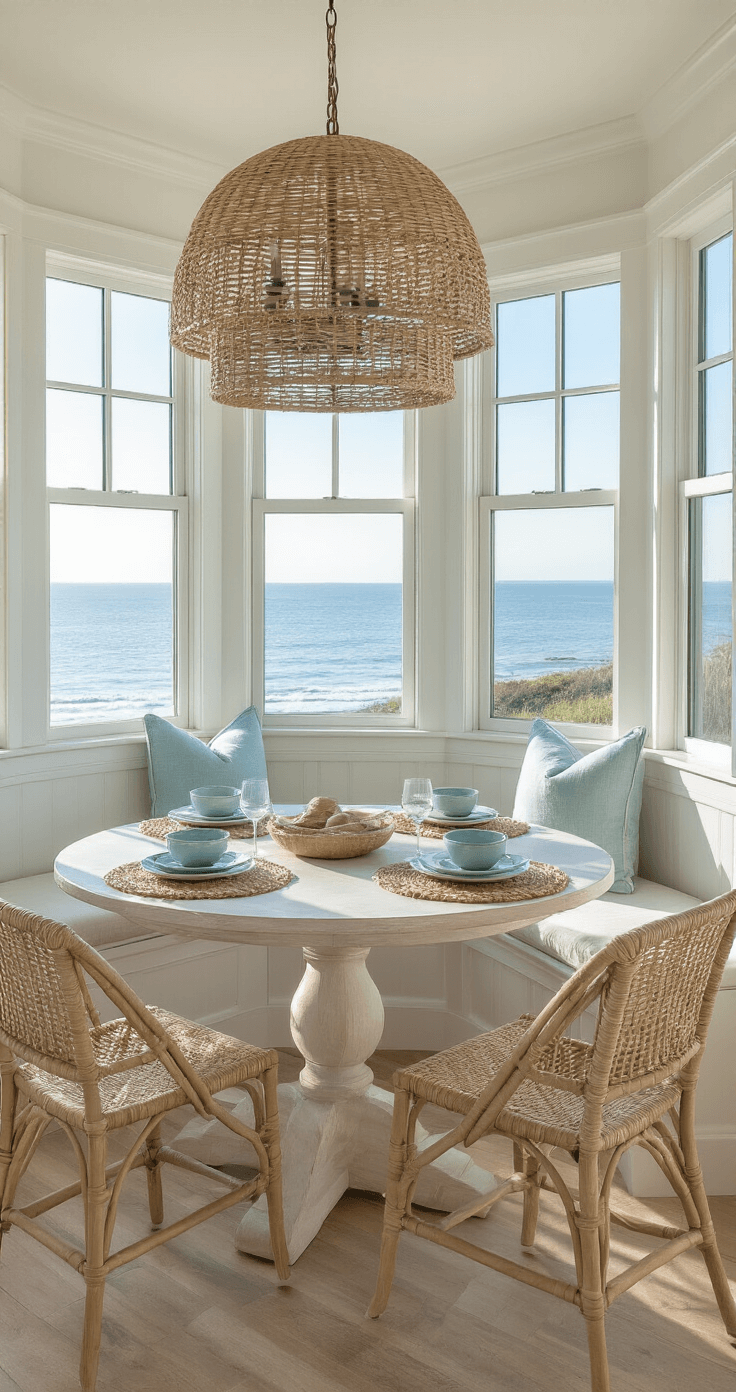 Coastal Cool: Transform Your Kitchen into a Modern Seaside Sanctuary Coastal kitchen nook at blue hour featuring a round whitewashed oak table, woven chandelier, bay windows with ocean views, sand-colored banquettes, and assorted textural elements like rope-wrapped lanterns and aqua ceramic dinnerware.