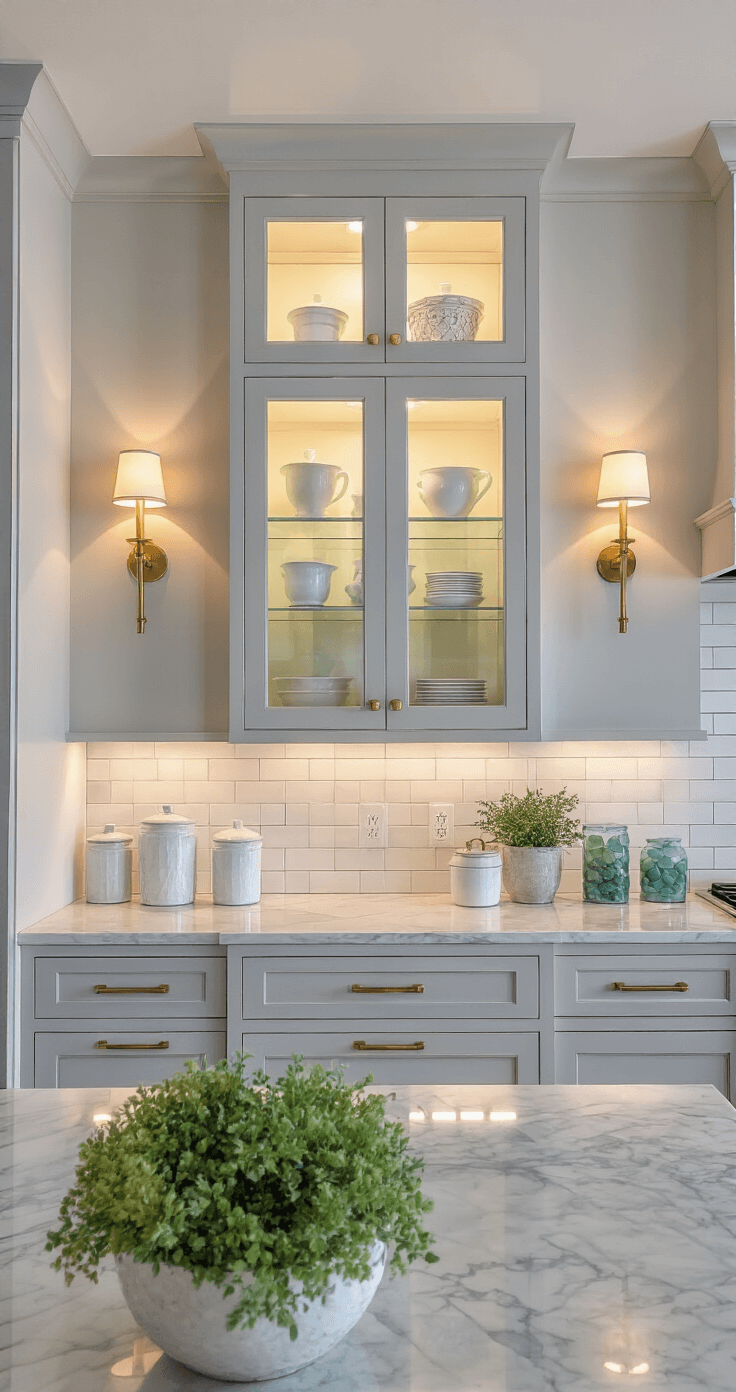 Coastal Cool: Transform Your Kitchen into a Modern Seaside Sanctuary A cozy evening kitchen scene featuring illuminated glass-front cabinets showcasing white ceramics and sea glass, with warm brass sconces casting light on pale gray walls and marble countertops reflecting ambient lighting.