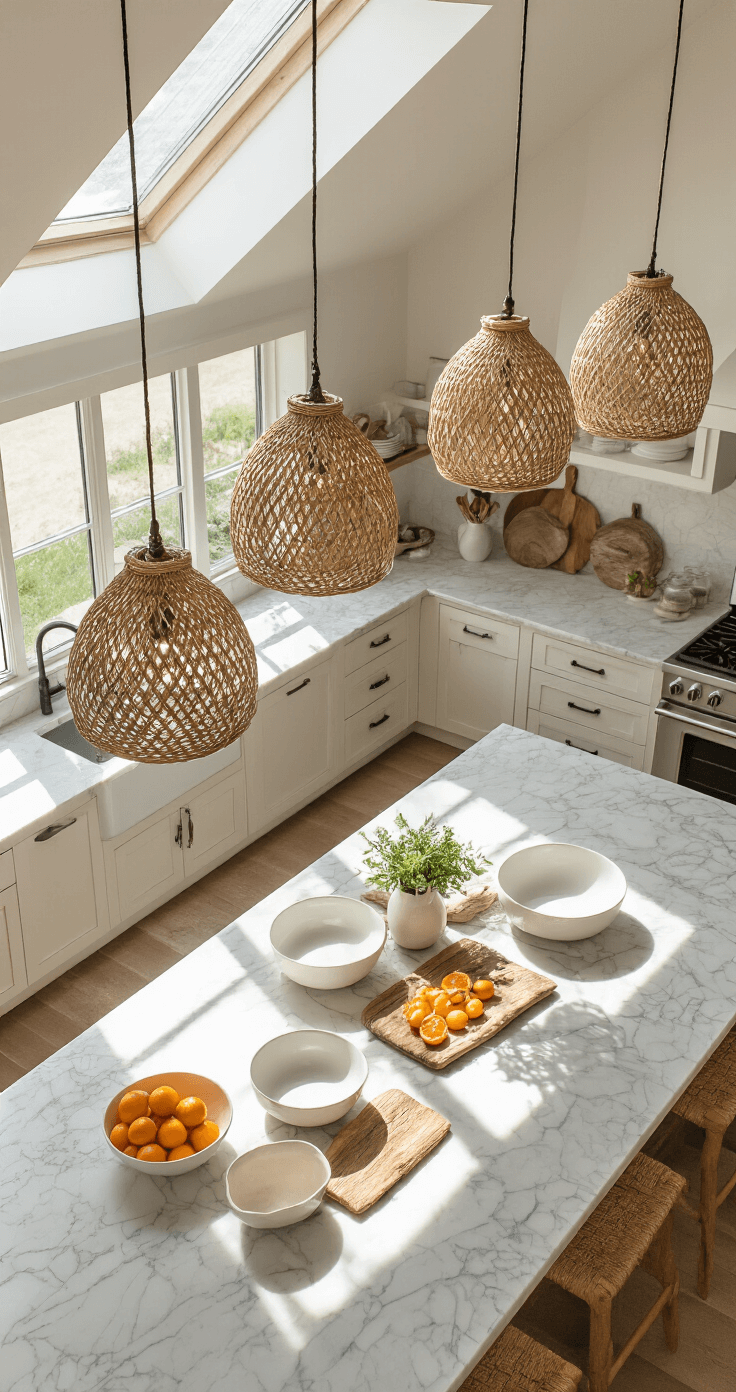 Coastal Cool: Transform Your Kitchen into a Modern Seaside Sanctuary Overhead view of a coastal kitchen island featuring a marble surface adorned with white ceramic bowls, driftwood boards, and fresh citrus, illuminated by natural light from skylights, with woven pendants creating intricate shadows.