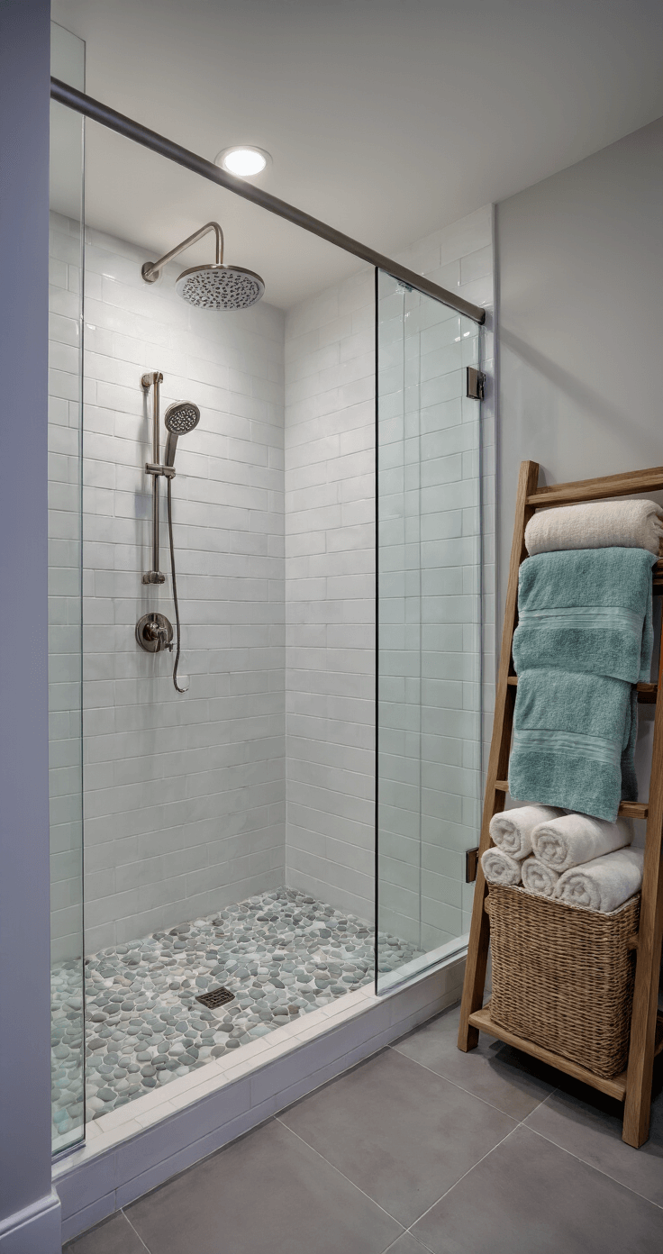 Coastal Bathroom Design: Create Your Seaside Sanctuary at Home Corner view of a spa-like bathroom at dusk, featuring white penny tile walls with soft recessed lighting, an oversized glass shower enclosure with a pebble floor and brushed nickel rainfall showerhead, a white oak ladder shelf with rolled seafoam and ivory Turkish towels, a handwoven water hyacinth hamper, and cool grey concrete-look porcelain tiles.