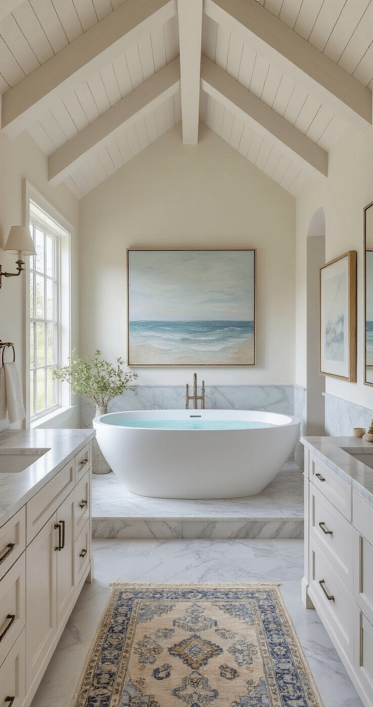 Coastal Bathroom Design: Create Your Seaside Sanctuary at Home Light-filled master bathroom with vaulted ceiling and freestanding oval tub, featuring whitewashed beams, grey marble tiles, custom white oak vanity, veined quartz countertop, coastal artwork, and a vintage Turkish rug.