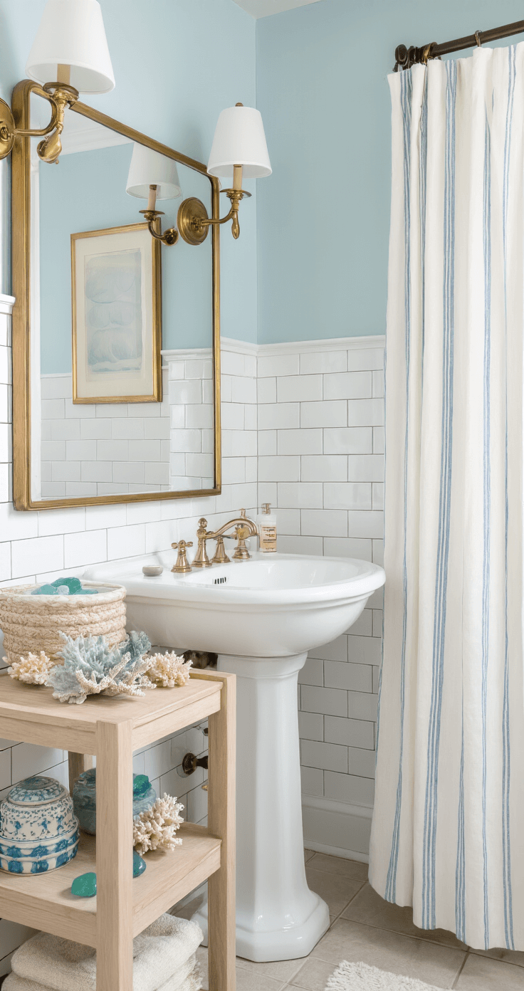 Coastal Bathroom Design: Create Your Seaside Sanctuary at Home Cozy guest bathroom with vertical white subway tile and pale blue walls, featuring a classic white pedestal sink, vintage brass mirror, and open shelving displaying coral and sea glass. A striped ivory and foam blue shower curtain adds pattern, all captured in morning light.