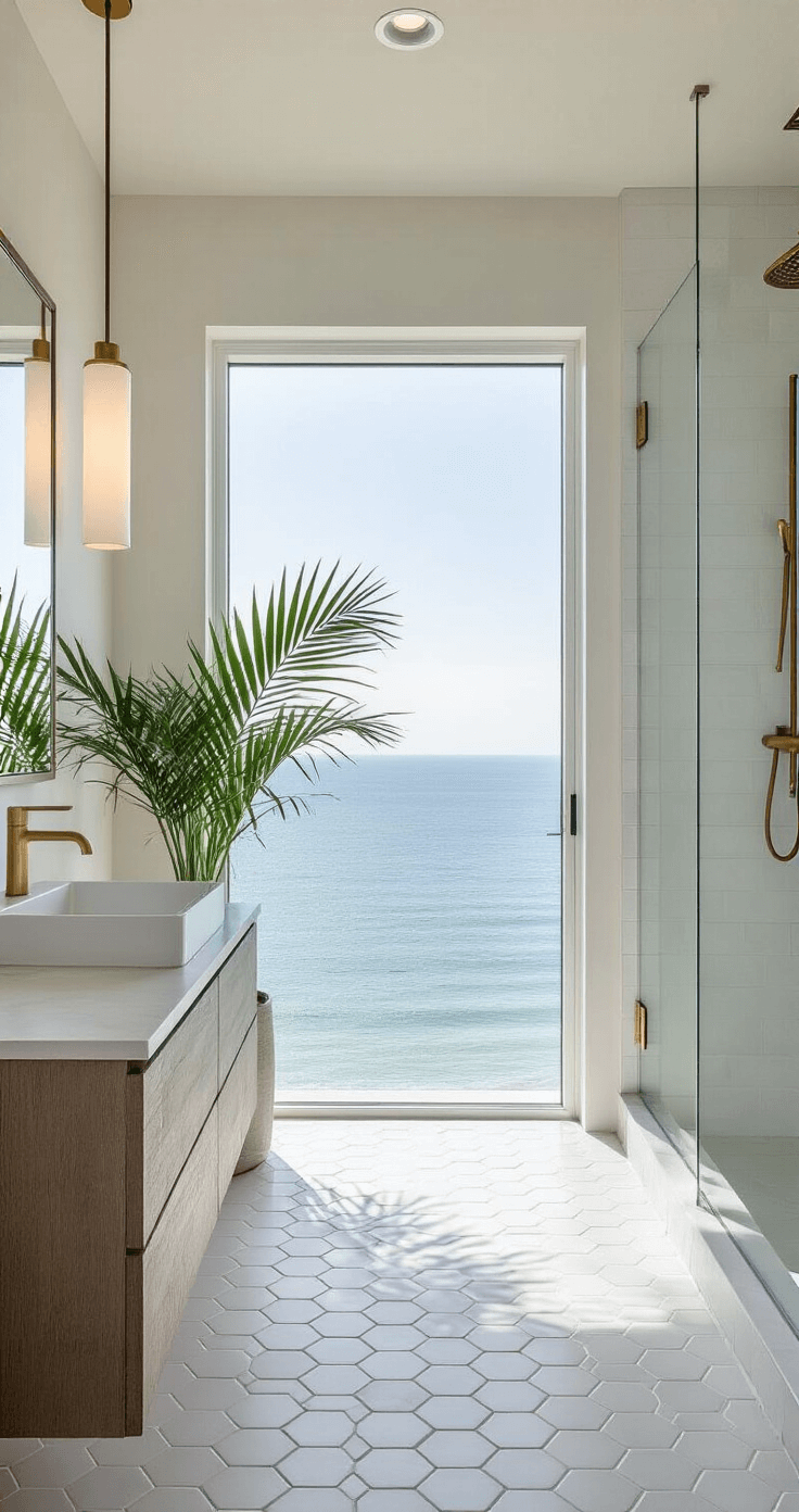 Coastal Bathroom Design: Create Your Seaside Sanctuary at Home Modern bathroom showcasing a floor-to-ceiling ocean view window, driftwood grey floating vanity, oversized matte white hexagon floor tiles, glass shower partition, minimalist brass fixtures, and a potted palm, all bathed in natural backlighting for a dramatic effect.