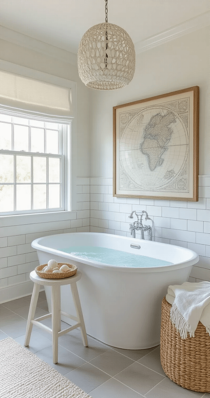 Transforming Your Small Bathroom into a Coastal Haven: A Complete Design Guide Bright coastal bathroom featuring a freestanding soaking tub beneath a window, adorned with white subway tiles and a vintage seafarer's map, complemented by natural light and decorative elements.