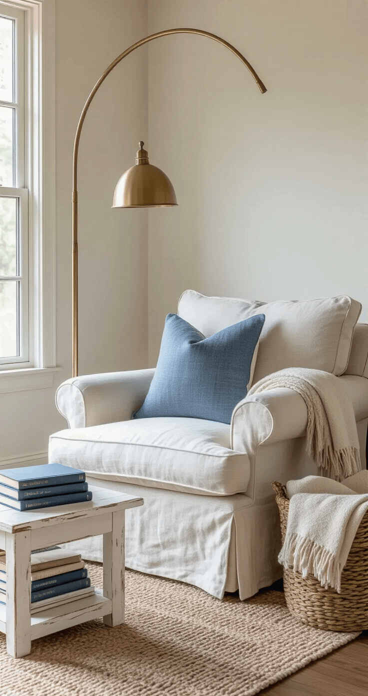 Coastal Granddaughter Aesthetic: Your Ultimate Guide to Sun-Kissed, Breezy Living Cozy reading corner with an oversized white linen armchair and brass floor lamp, a distressed white side table with marine-blue books, and a woven basket of sandy neutral throws, illuminated by warm late afternoon light.