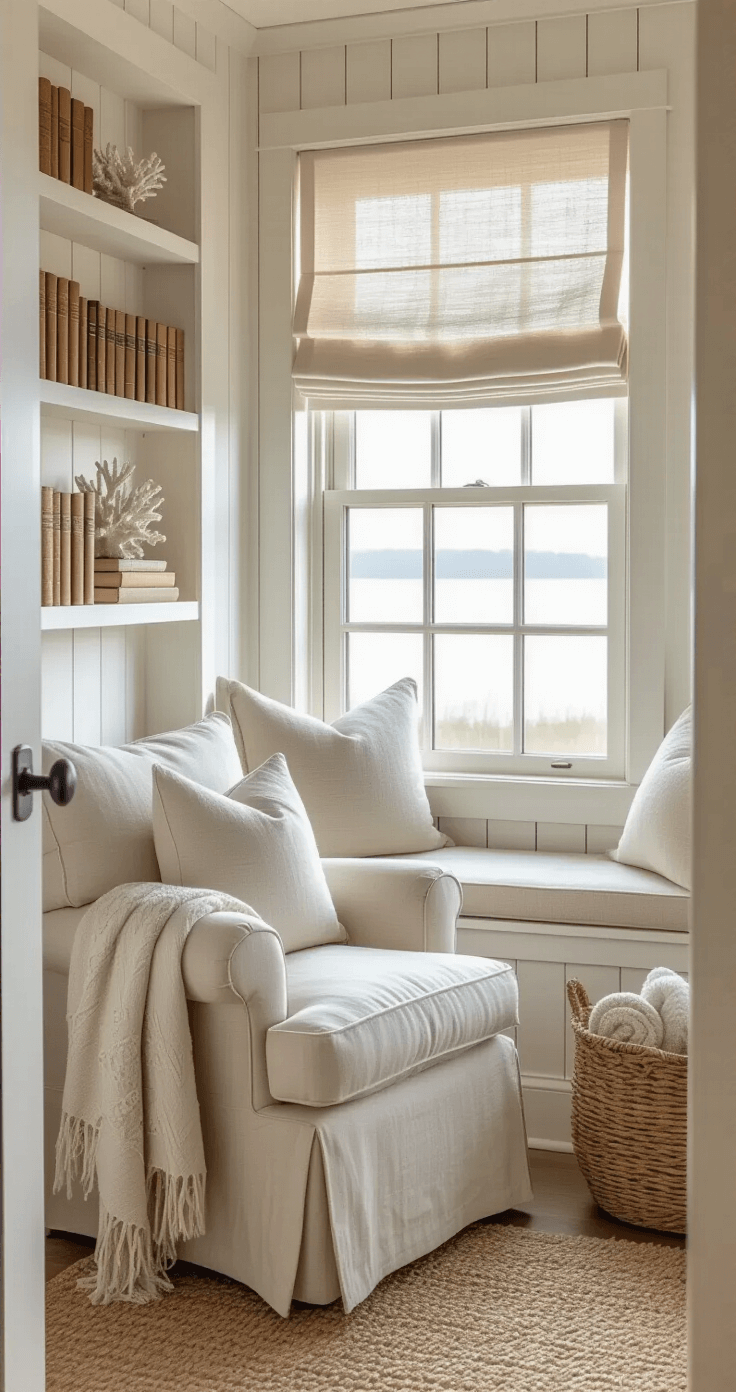 Coastal Grandma Bedroom: Your Ultimate Guide to Timeless, Breezy Elegance Intimate corner view of a coastal reading nook at dawn featuring a built-in window seat with weathered white wood paneling, morning light filtering through roman shades, an oversized linen armchair in oatmeal, a distressed side table, a woven seagrass basket with rolled blankets, and a styled bookshelf with vintage hardcovers and coral specimens, all evoking a peaceful and contemplative mood.