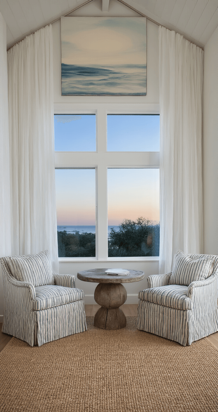 Coastal Grandma Bedroom: Your Ultimate Guide to Timeless, Breezy Elegance A twilight bedroom featuring a window wall with sheer curtains billowing, striped upholstered chairs beside a round weathered wood table, an oversized seascape artwork above, and a sisal rug, all highlighting the 12ft ceiling and creating an ethereal, romantic ambiance with blue hour and warm interior lighting.
