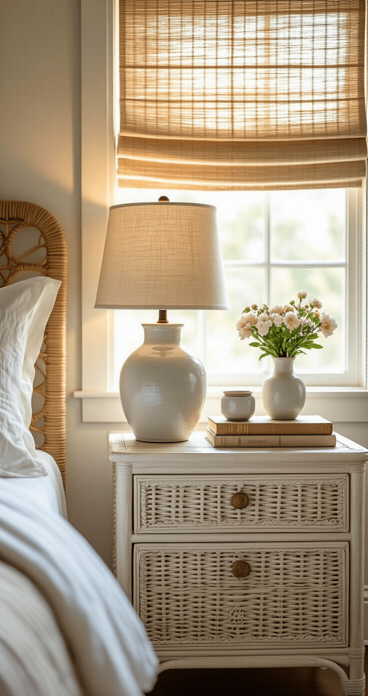 Coastal Grandma Bedroom: Your Ultimate Guide to Timeless, Breezy Elegance Layered bedside vignette featuring a whitewashed rattan nightstand adorned with a ceramic lamp, vintage books, and a small bud vase with fresh flowers, illuminated by golden morning light filtering through a natural fiber roman shade. Woven wall basket hangs above, creating a casual elegance atmosphere.