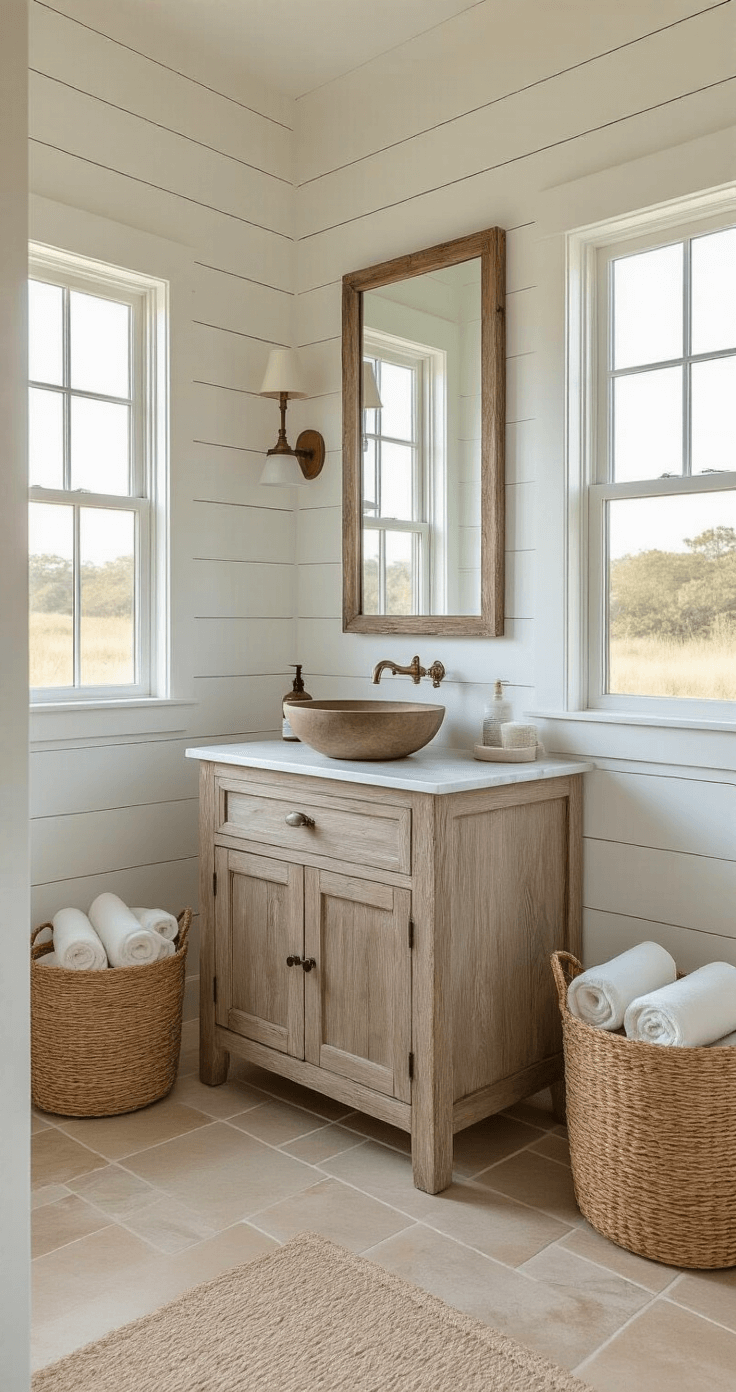 Coastal Farmhouse Bathroom: Your Ultimate Transformation Guide Photorealistic coastal farmhouse bathroom with white shiplap walls, driftwood vanity, marble countertop, brass vessel sink, vintage mirror, seagrass baskets, and textured ceramic floor tiles, captured in warm golden hour light.