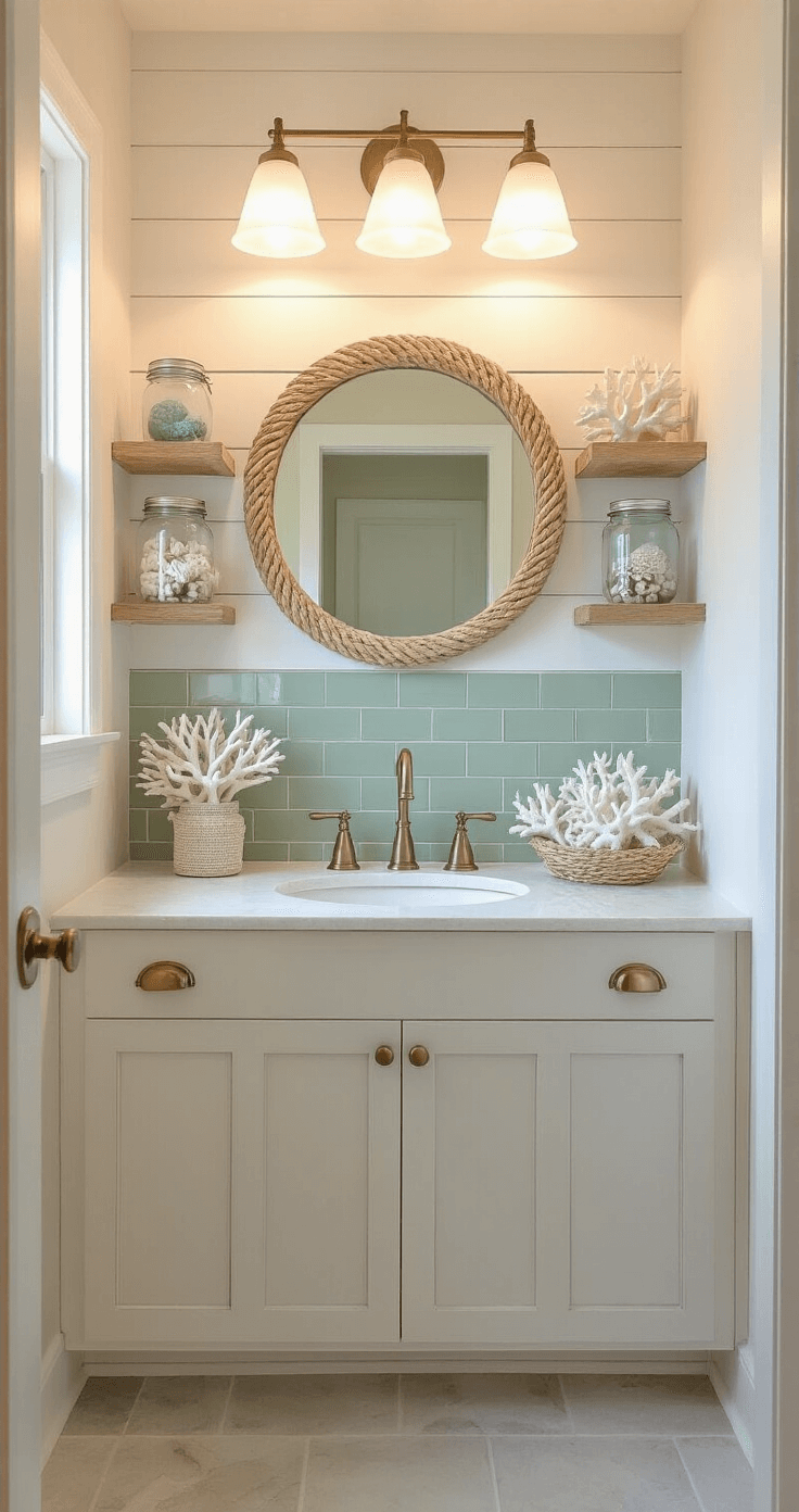 Coastal Farmhouse Bathroom: Your Ultimate Transformation Guide Intimate coastal farmhouse powder room transformed with removable shiplap, brass hardware, mason jar sconces, a round rope mirror, and a vessel sink, featuring floating shelves with coral and sea glass, soft sage green subway tile backsplash, and natural light creating an airy atmosphere in a small space.