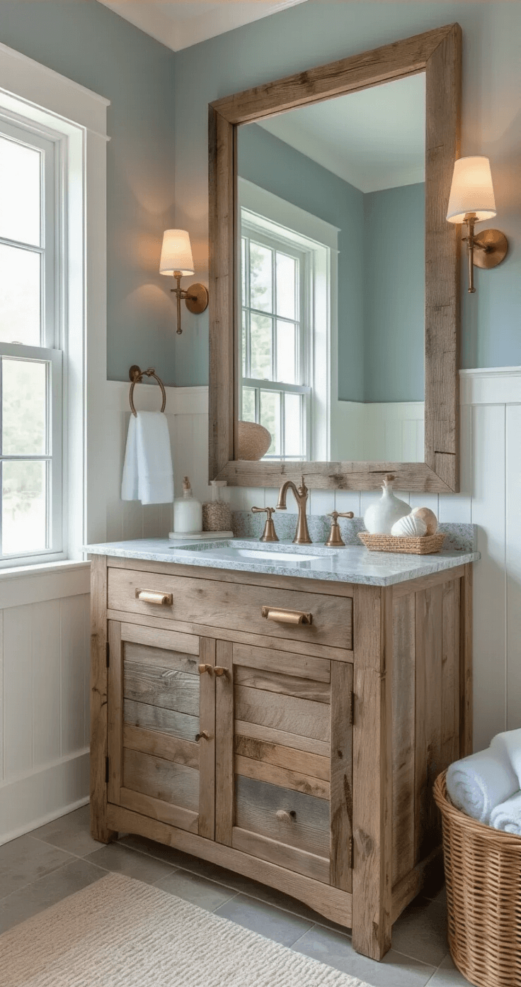 Coastal Farmhouse Bathroom: Your Ultimate Transformation Guide Oversized mirror with driftwood frame reflecting morning light in coastal farmhouse bathroom featuring reclaimed wood vanity, brass accents, and wicker storage tower, creating a serene and spacious atmosphere.