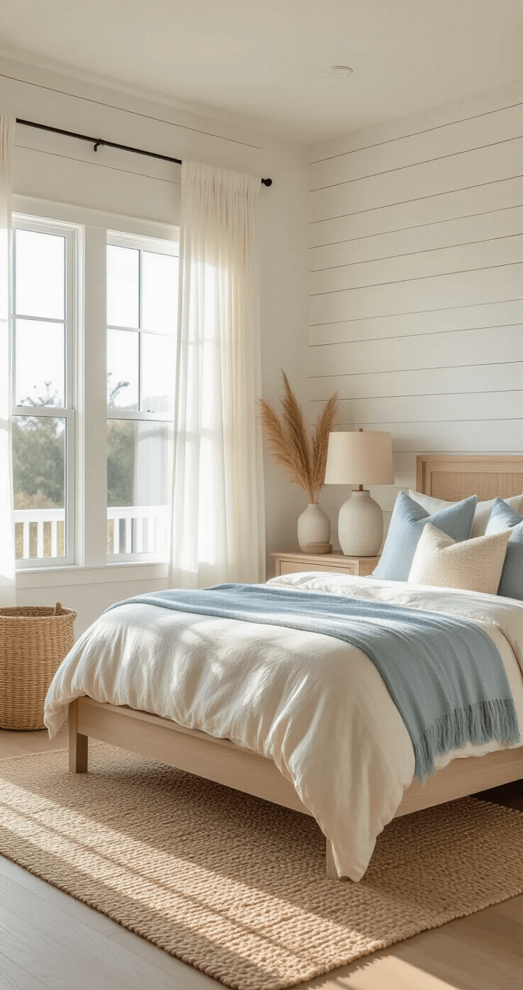 Creating a Modern Coastal Master Bedroom: Your Ultimate Styling Guide Spacious master bedroom with coastal decor in morning light, featuring a light oak platform bed with cream bedding and blue beige throw pillows, a white shiplap accent wall, jute rug, bleached wood nightstands with white lamps, and rattan baskets with pampas grass, creating a serene atmosphere.