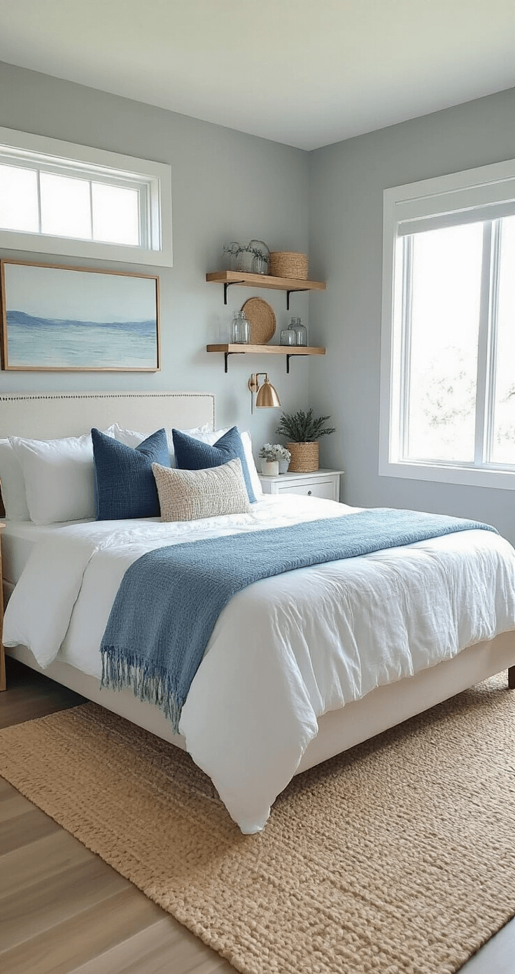 Creating a Modern Coastal Master Bedroom: Your Ultimate Styling Guide Budget-friendly coastal bedroom transformation with soft dove gray walls, updated furniture with brushed gold hardware, oceanic blue throw pillows on a white duvet, DIY floating shelves with thrifted glass vessels and plants, illuminated by natural light from a large window.