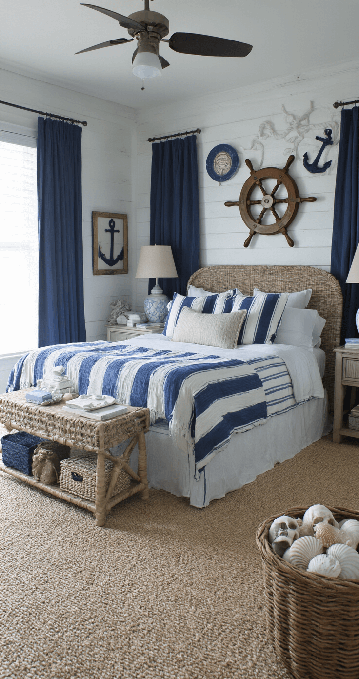 Creating a Modern Coastal Master Bedroom: Your Ultimate Styling Guide A cluttered master bedroom showcasing poor coastal design choices, featuring excessive nautical decor, harsh overhead lighting, and mismatched furniture, creating a chaotic and uninviting atmosphere.
