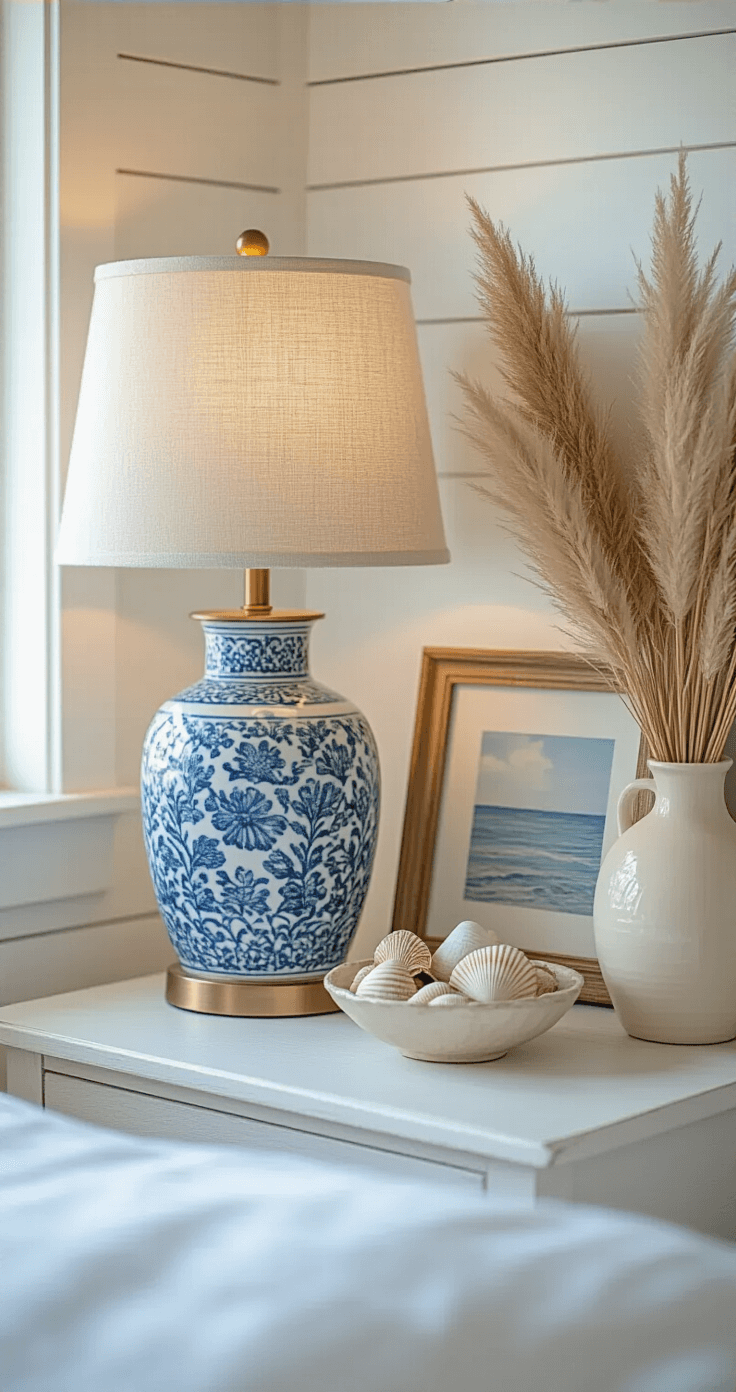Coastal Granddaughter Bedroom: A Dreamy Sanctuary of Soft Hues and Vintage Charm Close-up image of a coastal-themed bedroom nightstand featuring a blue and white ceramic lamp, seashells in a vintage glass bowl, framed coastal artwork, and dried pampas grass in a cream ceramic vase. Soft natural light highlights the accessories, creating a warm, inviting atmosphere with a palette of creamy whites, soft blues, and natural tones.