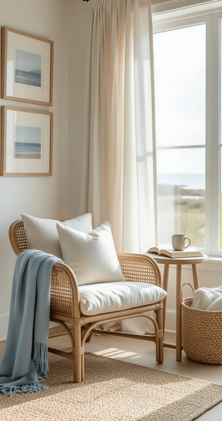 Coastal Granddaughter Bedroom: A Dreamy Sanctuary of Soft Hues and Vintage Charm Medium shot of a coastal bedroom reading nook featuring a cane-backed chair with a cream linen cushion, a small round side table with a ceramic mug and open book, and a woven basket with soft throws, all illuminated by natural light filtering through sheer curtains, with a collection of framed coastal prints on the wall and a jute rug defining the space.