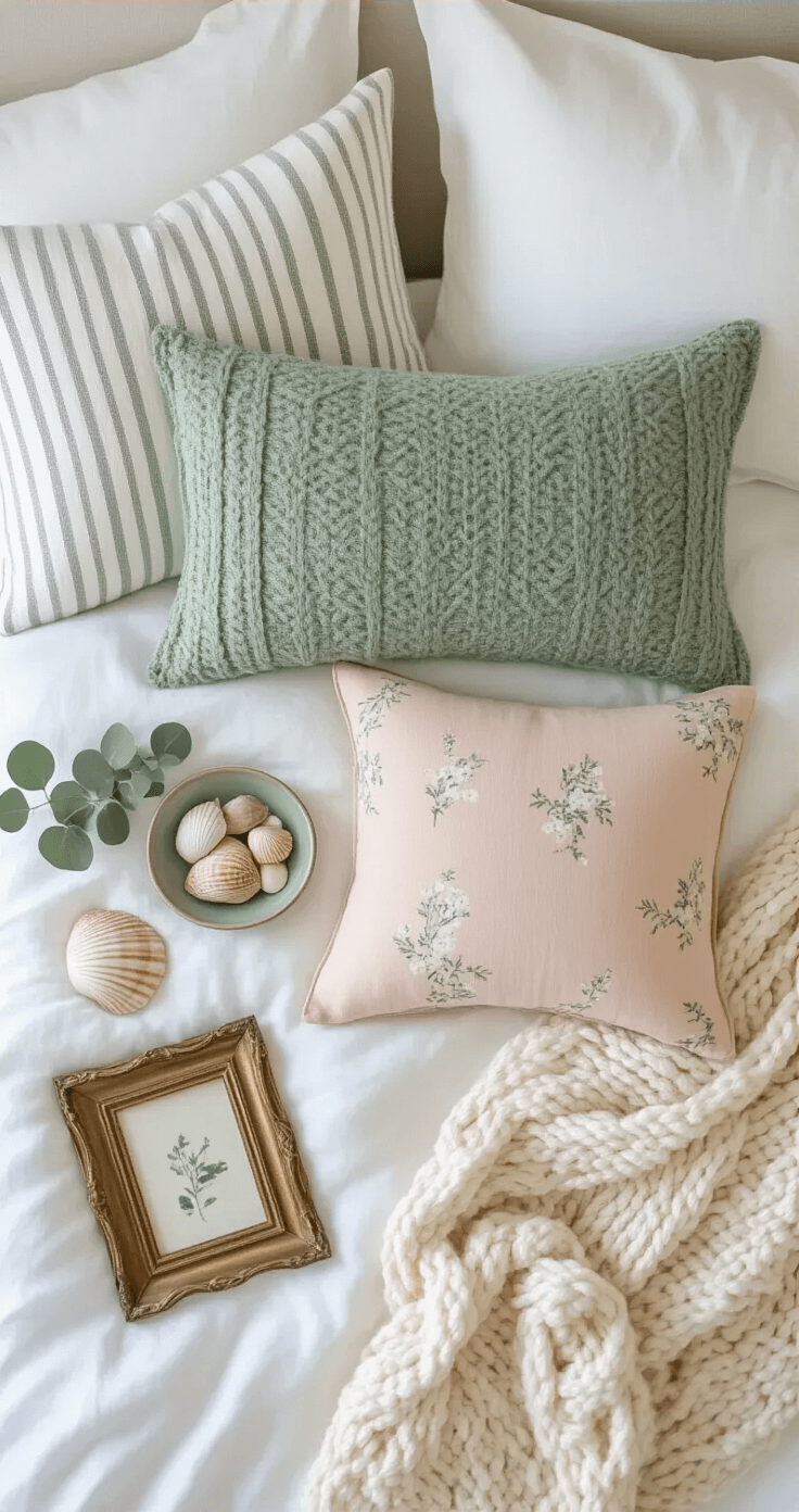 Coastal Granddaughter Bedroom: A Dreamy Sanctuary of Soft Hues and Vintage Charm Overhead flat lay of coastal bedroom textiles on white linen bedding, featuring a striped throw pillow, sage green lumbar cushion, cream cable knit blanket, and blush pink floral accent pillow. Decor elements include a vintage brass picture frame, small ceramic dish with shells, dried eucalyptus sprig, and a linen hair ribbon, all styled in soft daylight to emphasize textures and a coastal color palette.