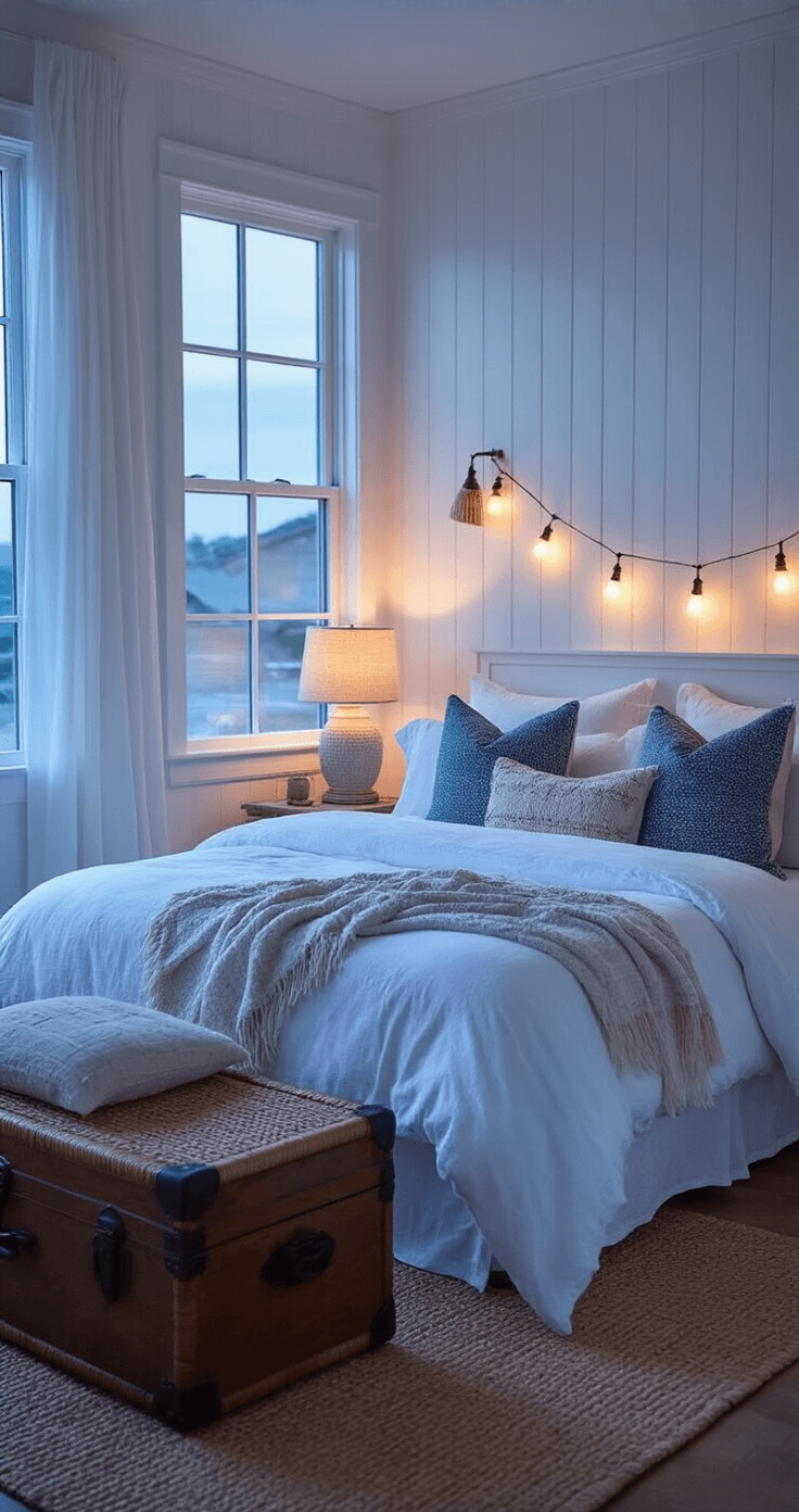 Coastal Granddaughter Bedroom: A Dreamy Sanctuary of Soft Hues and Vintage Charm A cozy coastal bedroom during blue hour, featuring layered ambient lighting from string lights, ceramic lamps, and sheer-curtained windows, styled with a white linen duvet, textured throws, and patterned pillows in coastal hues, complemented by rattan furniture and a jute rug.