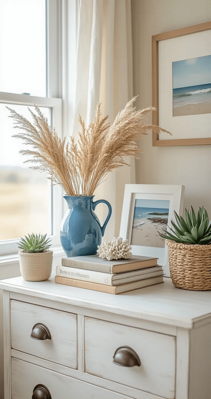 Coastal Granddaughter Bedroom: A Dreamy Sanctuary of Soft Hues and Vintage Charm Detailed vignette of a coastal bedroom featuring a whitewashed wood dresser adorned with a blue ceramic pitcher filled with dried grasses, stacked vintage books, a small coral specimen, white picture frames with beach photography, and a potted plant in a woven basket, all softly lit by morning light filtering through sheer window panels.