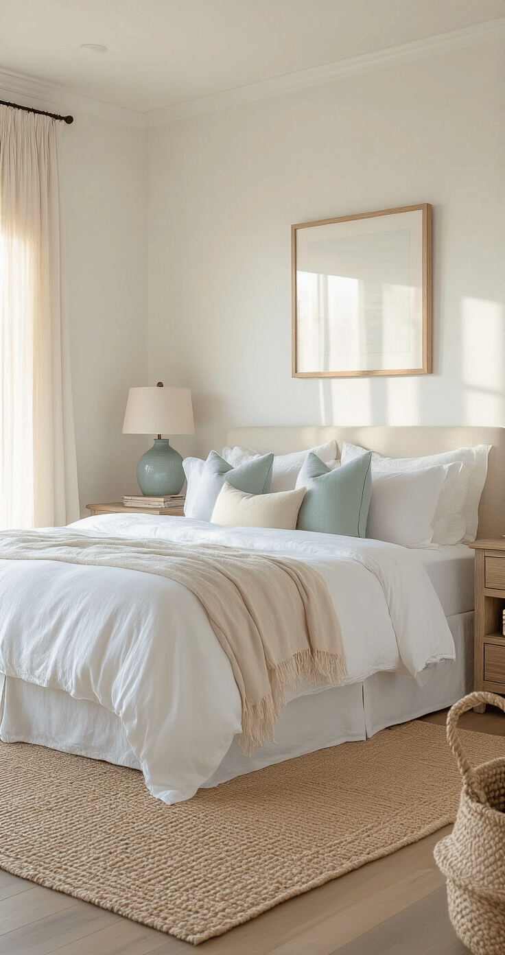 Creating Your Perfect Coastal Bedroom Retreat: A Comprehensive Guide Photorealistic coastal bedroom interior with soft white walls, sandy beige accents, and warm golden hour light filtering through sheer linen curtains, featuring a king bed with crisp white bedding and layered cream linens, accented by soft blue and blush pillows, driftwood nightstands with seafoam green lamps, and a jute area rug, exuding a serene California coastal vibe.