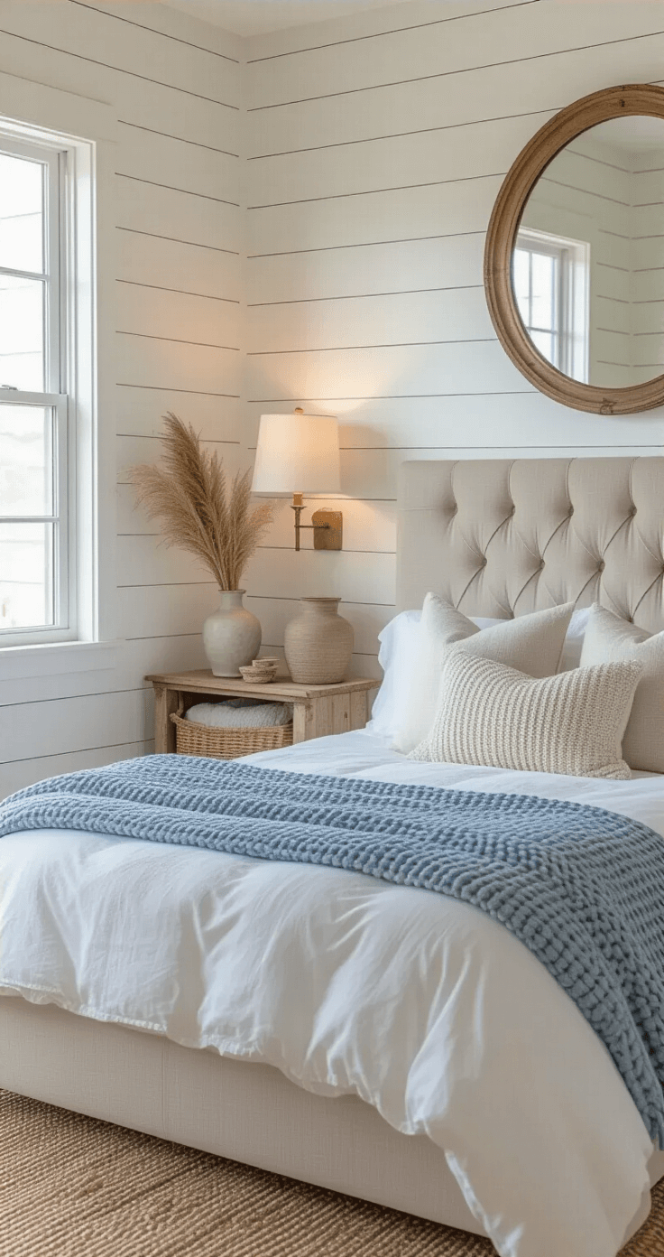 Creating Your Perfect Coastal Bedroom Retreat: A Comprehensive Guide Intimate coastal bedroom nook with soft pearl white shiplap accent wall, cozy queen bed dressed in white percale sheets and dusty blue chunky knit throw, illuminated by a table lamp during blue hour, featuring reclaimed wood shelf with ceramic vessels and pampas grass, vintage brass mirror, sisal runner, and rattan basket for extra pillows, evoking quiet coastal charm and luxury.