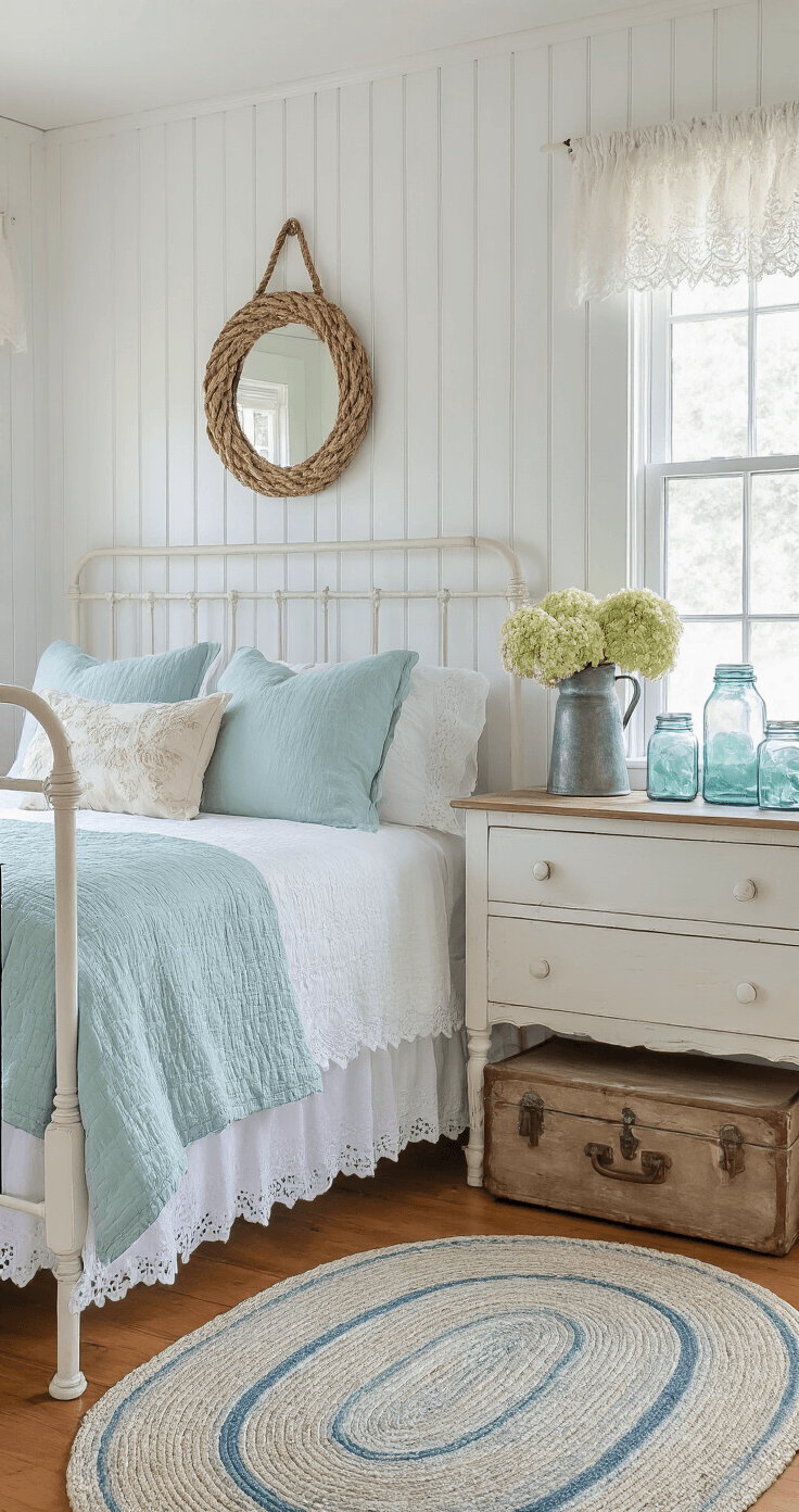 Creating Your Perfect Coastal Bedroom Retreat: A Comprehensive Guide Charming coastal cottage bedroom featuring white beadboard wainscoting, a weathered white iron bed with aqua quilts, a painted wooden dresser with sea glass decor, and vintage nautical elements, all bathed in soft morning light.