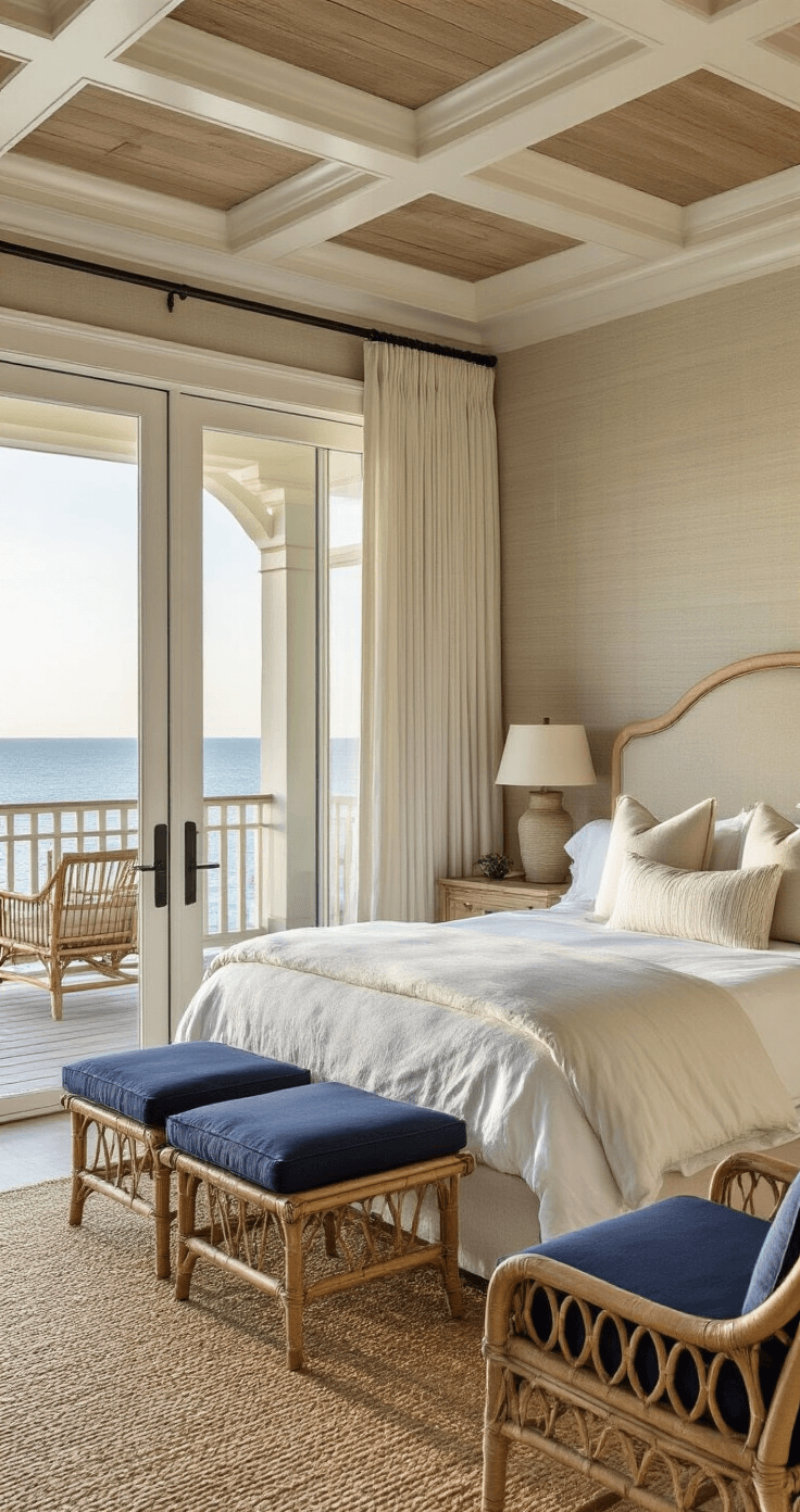 Creating Your Perfect Coastal Bedroom Retreat: A Comprehensive Guide Luxurious coastal bedroom suite featuring a large upholstered bed dressed in white and cream bedding, coffered ceiling, and French doors leading to a private deck, captured during golden sunset hour with rattan lounge chairs and a live-edge wood coffee table in a serene, sophisticated greige palette.