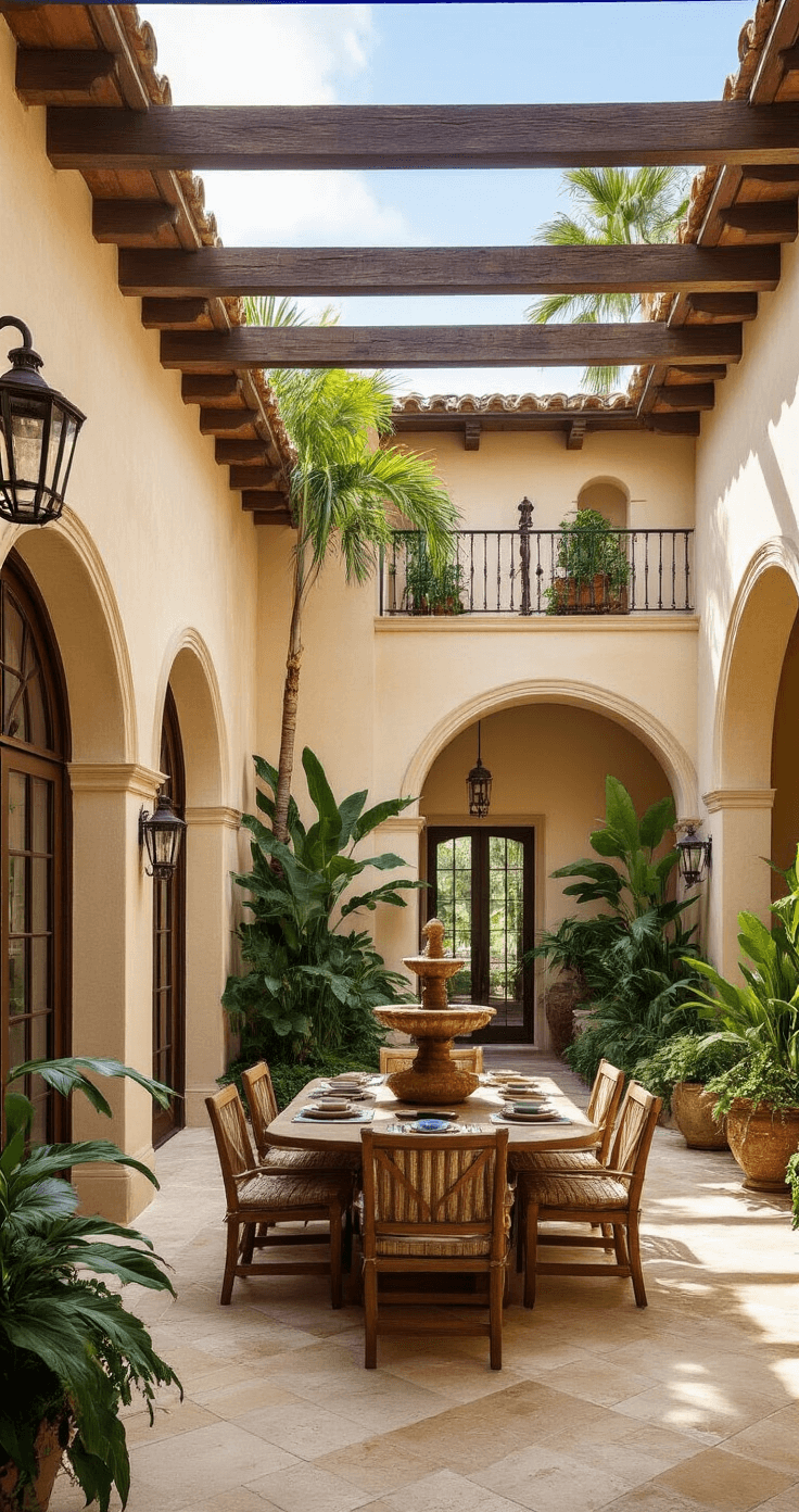 Elevate Your Florida Home Exterior: The Ultimate Curb Appeal Guide Interior courtyard of a Mediterranean-style Florida home, featuring warm cream stucco walls, terracotta-tiled pergola casting shadows on polished limestone, arched doorways, wrought iron details, and built-in planters with tropical foliage; includes a weathered teak dining set and a fountain centerpiece, showcasing a color palette of cream, terracotta, turquoise, and natural greens.