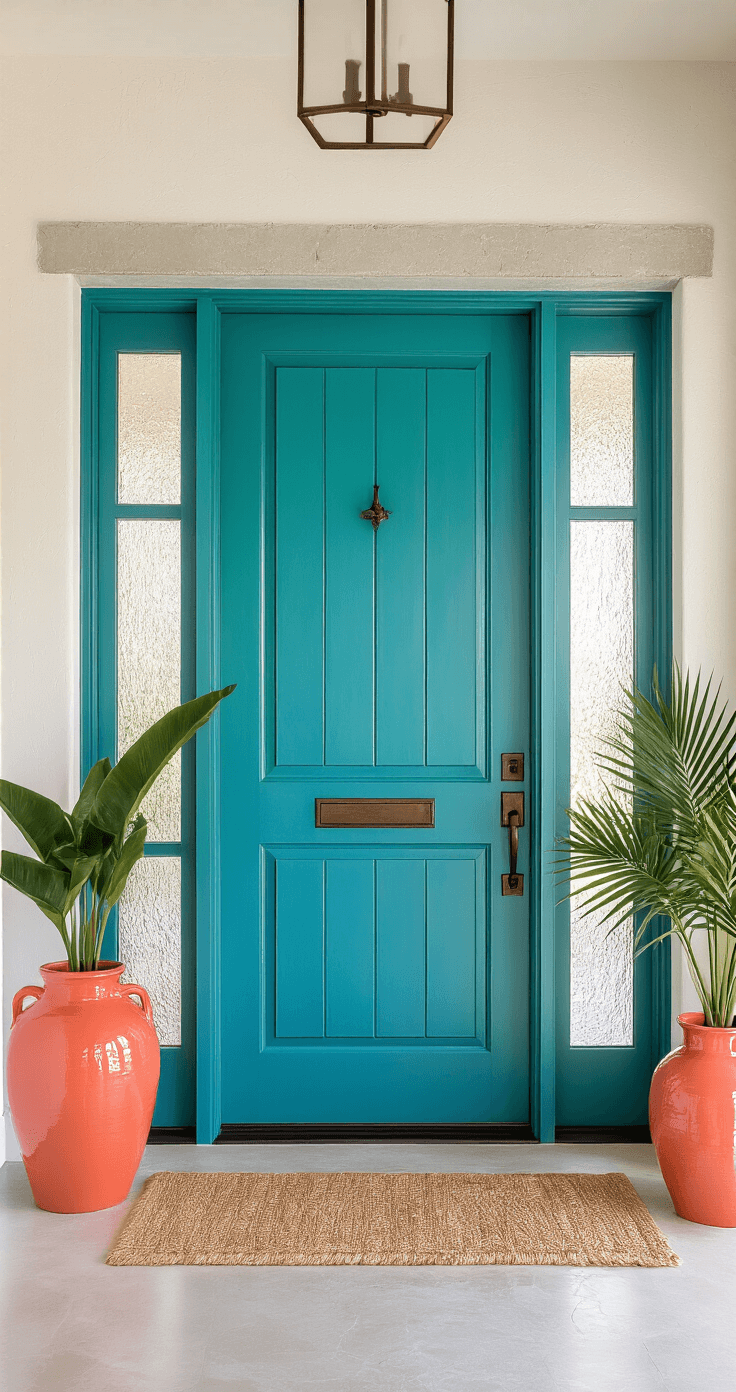 Elevate Your Florida Home Exterior: The Ultimate Curb Appeal Guide Close-up view of a Florida home's turquoise entryway door featuring bronze hardware, illuminated by morning light. The soft white textured stucco walls and polished concrete floors enhance the warm, welcoming atmosphere, complemented by a coral ceramic umbrella stand and tropical leaf arrangements.