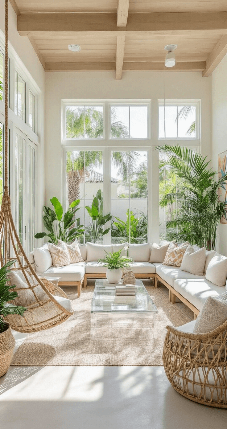 Elevate Your Florida Home Exterior: The Ultimate Curb Appeal Guide Spacious Florida sunroom featuring hurricane-resistant large windows, bright natural lighting, white-washed concrete block walls, modular seating, an acrylic coffee table, a suspended rattan swing chair, and a white exposed beam ceiling. Decorated with geometric patterned pillows, potted palms, and abstract coastal artwork, showcasing a color palette of pure whites, soft pastels, and natural wood tones, captured in a wide-angle view.