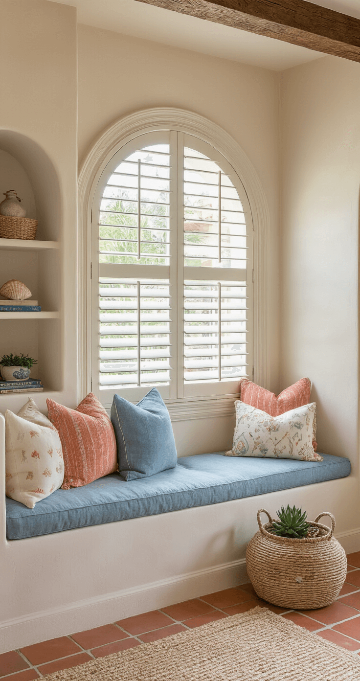 Elevate Your Florida Home Exterior: The Ultimate Curb Appeal Guide Cozy Florida reading nook featuring a built-in window seat with oceanic blue cushions, coral and cream throw pillows, and a warm terracotta tile floor, illuminated by soft afternoon light filtering through plantation shutters against cream stucco walls.