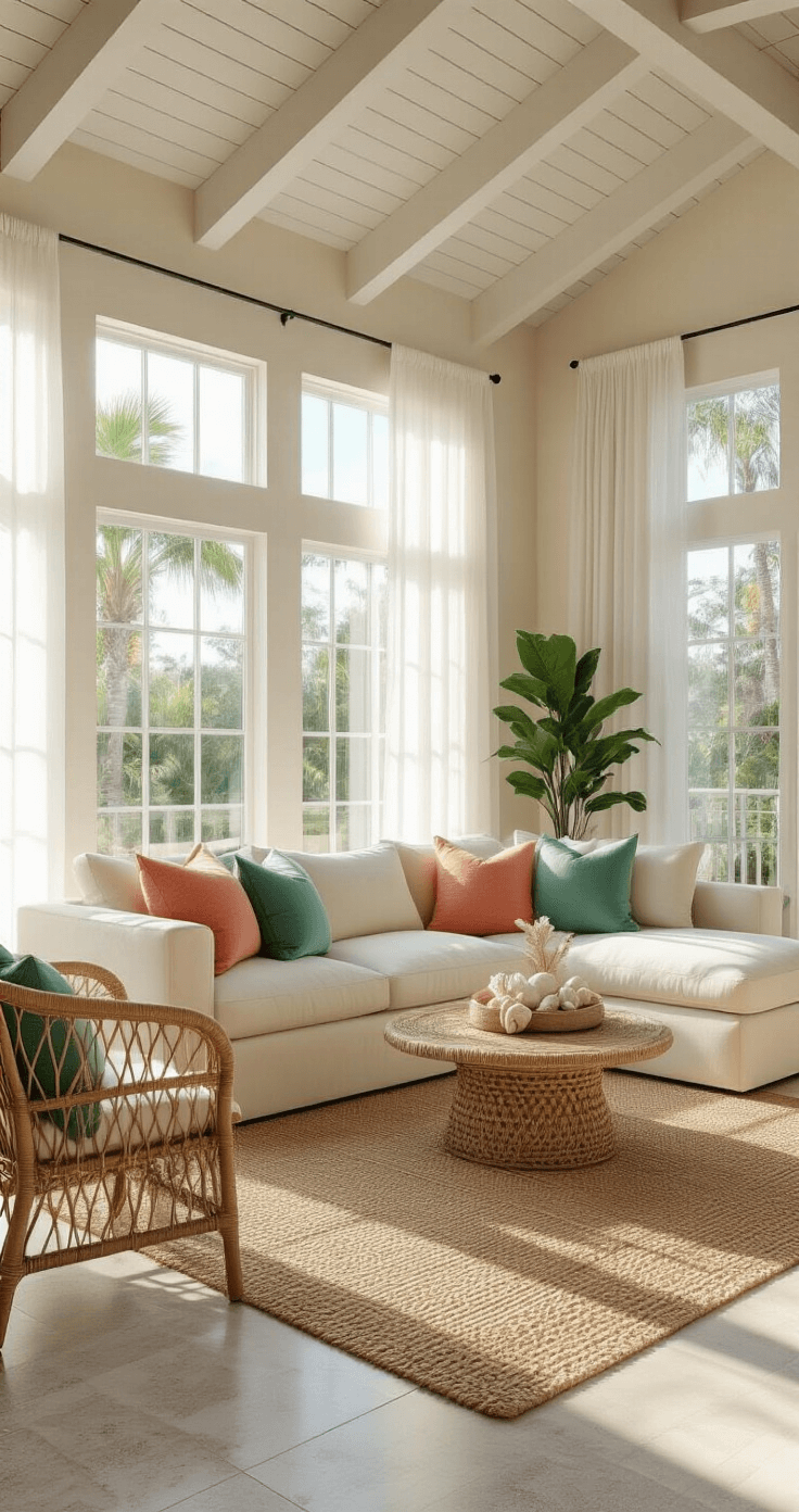 Sunshine State Style: Mastering the Florida Home Aesthetic Photorealistic living room interior of a Florida home featuring floor-to-ceiling windows, golden hour sunlight, cream sectional sofa with seafoam green and coral pillows, jute area rug, exposed wooden beams, polished terrazzo flooring, rattan accent chair, driftwood coffee table with seashells, and potted plants, all evoking a relaxed coastal elegance.