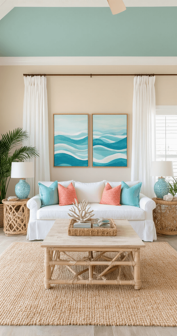 Sunshine State Style: Mastering the Florida Home Aesthetic Breathtaking Florida home interior showcasing an open-concept living area with warm sandy beige walls and a soft seafoam green accent wall, featuring a cream slipcovered sofa, colorful throw pillows, and coastal artwork, all bathed in afternoon sunlight.
