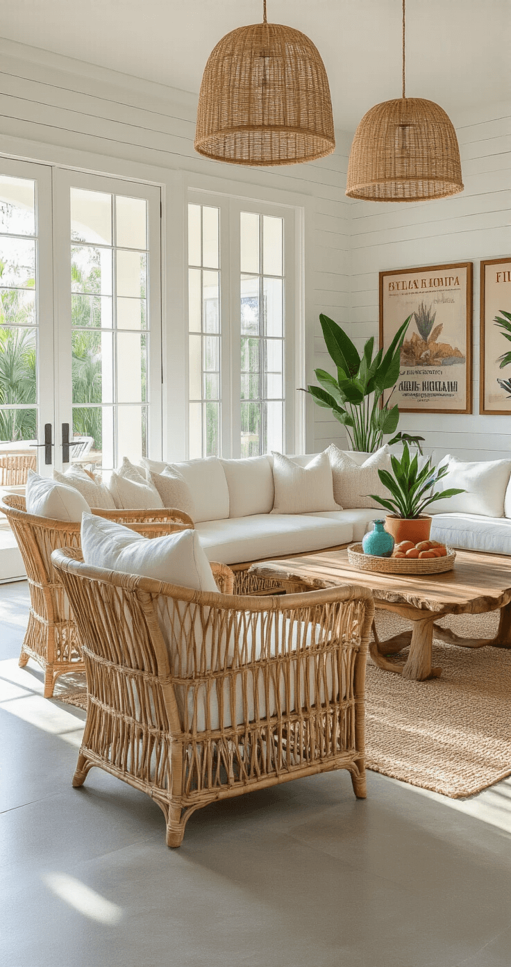 Sunshine State Style: Mastering the Florida Home Aesthetic Exquisite living room in Florida showcasing honey-toned rattan chairs and a natural linen sectional, with French doors opening to a covered patio, illuminated by soft morning light casting dramatic shadows, featuring a reclaimed teak coffee table, woven pendant lights, and lush tropical plants.