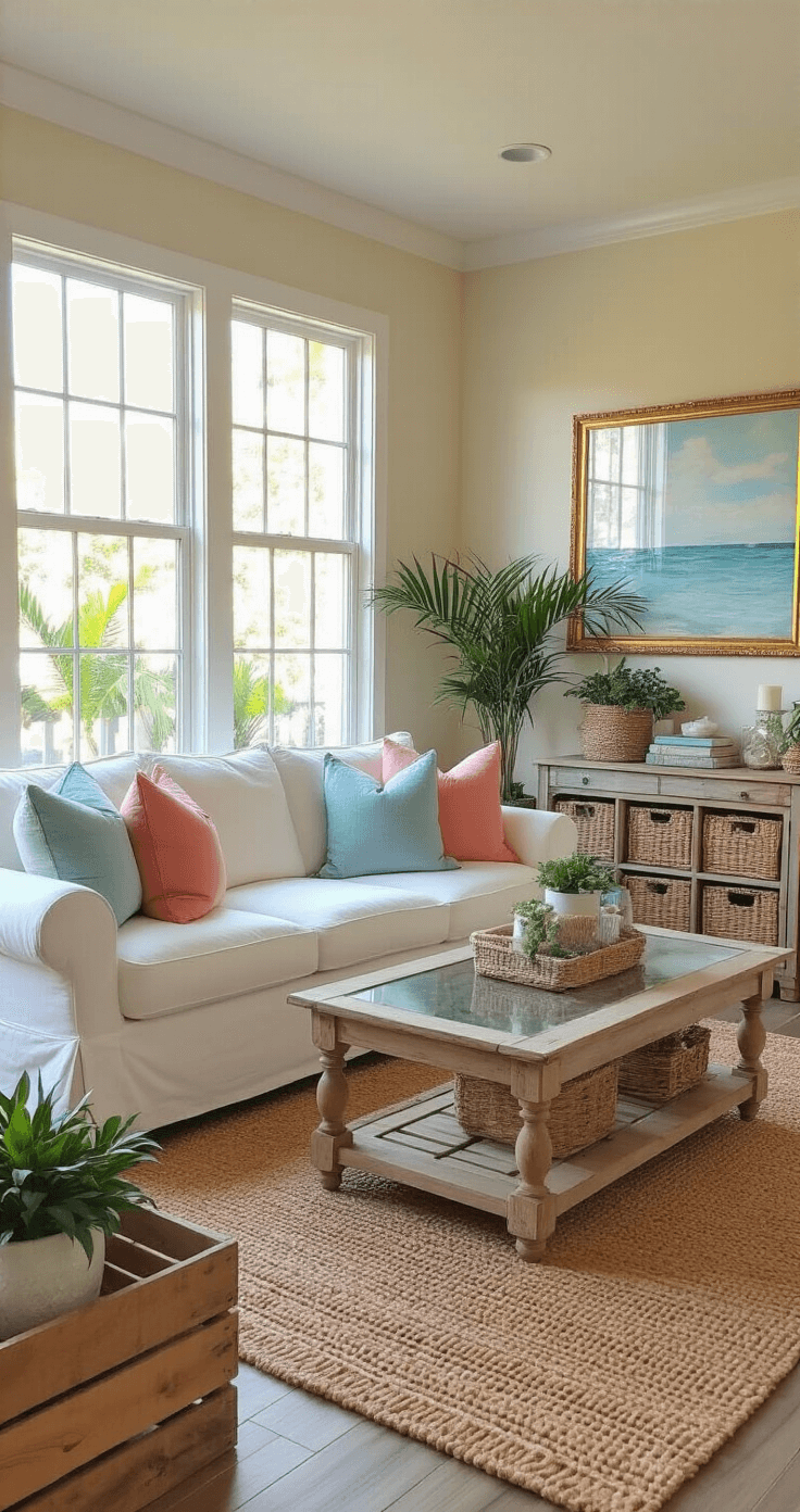 Sunshine State Style: Mastering the Florida Home Aesthetic Cozy budget-friendly living room transformation featuring a thrifted cream sofa, DIY driftwood coffee table, gold mirror frames, handmade coastal artwork, jute rug, and vintage planters, bathed in warm golden hour light from large south-facing windows, creating a coastal elegant ambiance.