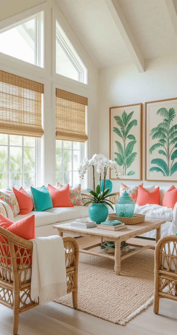 Sunshine State Style: Mastering the Florida Home Aesthetic A bright and airy Florida living room with cathedral ceilings, featuring white slipcovered furniture, coral accent pillows, and turquoise ceramic decor, illuminated by soft morning light through bamboo Roman shades, with bleached wood floors and vibrant tropical artwork.