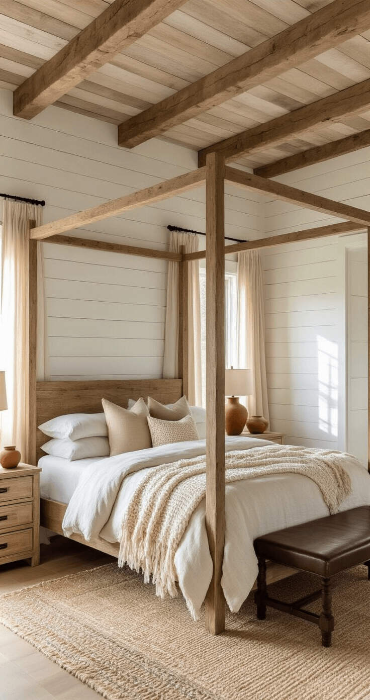Coastal Cowgirl Bedroom: The Ultimate Design Guide to Rustic Coastal Charm Master bedroom with a reclaimed wood canopy bed, weathered white shiplap walls, and exposed cedar beams, bathed in golden hour sunlight. Decorated with neutral bedding, macramé pillows, a leather bench, distressed nightstands, and a jute rug, creating a serene and sophisticated atmosphere.