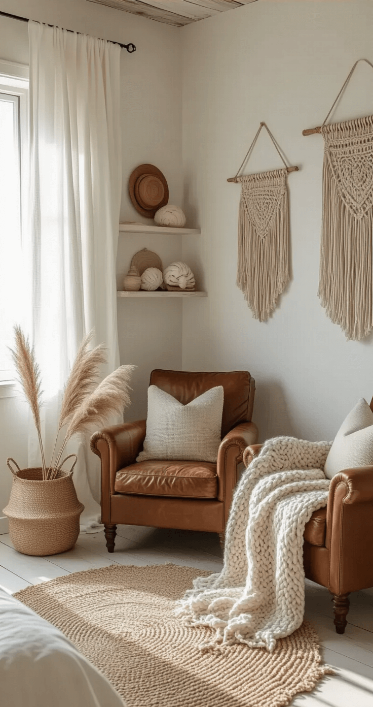 Coastal Cowgirl Bedroom: The Ultimate Design Guide to Rustic Coastal Charm Cozy bedroom corner with a vintage cognac leather armchair, flowing white linen curtains, and textured layers featuring macramé wall hangings, chunky knit throws, a jute basket with pampas grass, and a warm, inviting atmosphere accentuated by natural lighting and bohemian western decor.