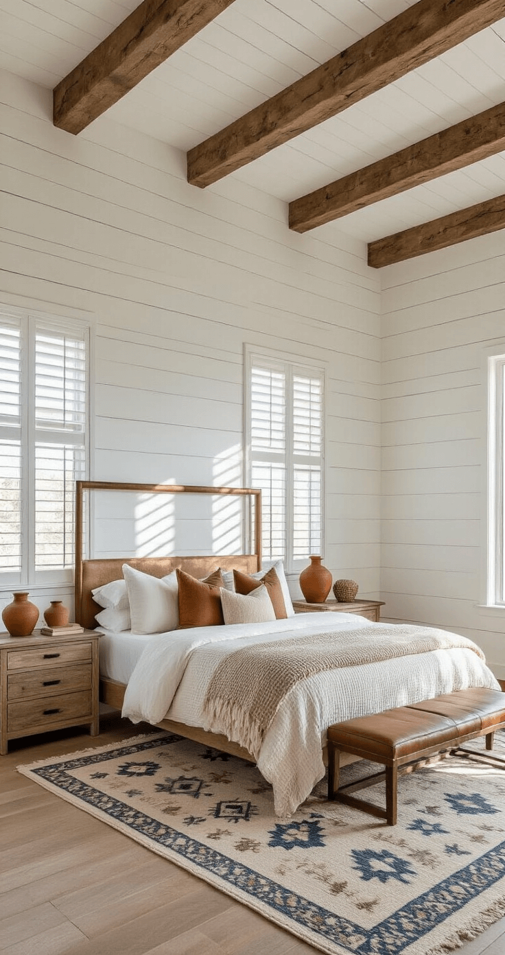Coastal Cowgirl Bedroom: The Ultimate Design Guide to Rustic Coastal Charm A rustic bedroom featuring a white shiplap accent wall, exposed wood beams, a natural wood canopy bed with neutral linens, and a southwestern geometric rug, accented by terracotta vessels and coastal decor, all illuminated by afternoon sunlight filtering through plantation shutters.