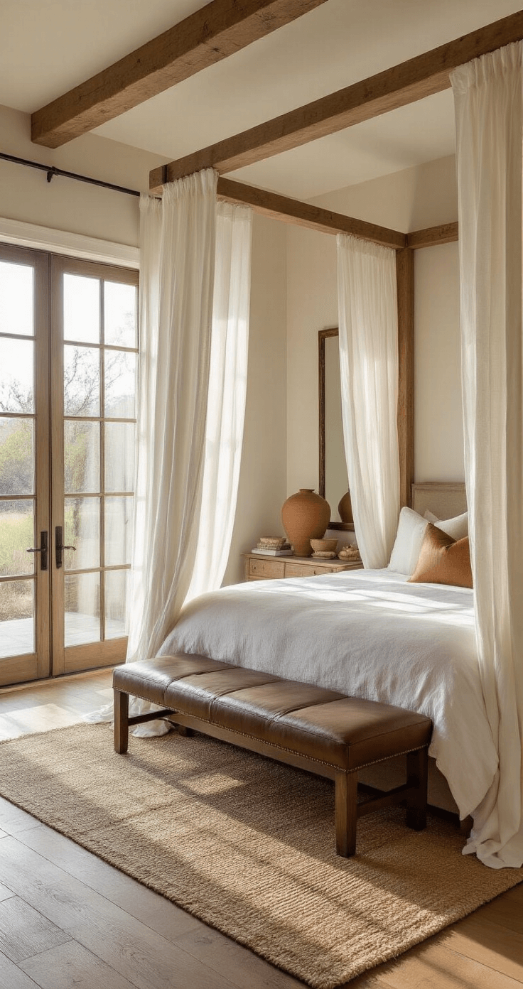 Coastal Cowgirl Bedroom: The Ultimate Design Guide to Rustic Coastal Charm Spacious master bedroom with a natural wood canopy bed dressed in white linen curtains, illuminated by soft sunrise light through oversized windows. A rich brown leather bench complements the cream linen bedding and dark leather accent pillows. Weathered wood floors are layered with jute rugs, while distressed mirrors reflect morning light, alongside terracotta pottery and shell collections, creating a relaxed, luxurious atmosphere.