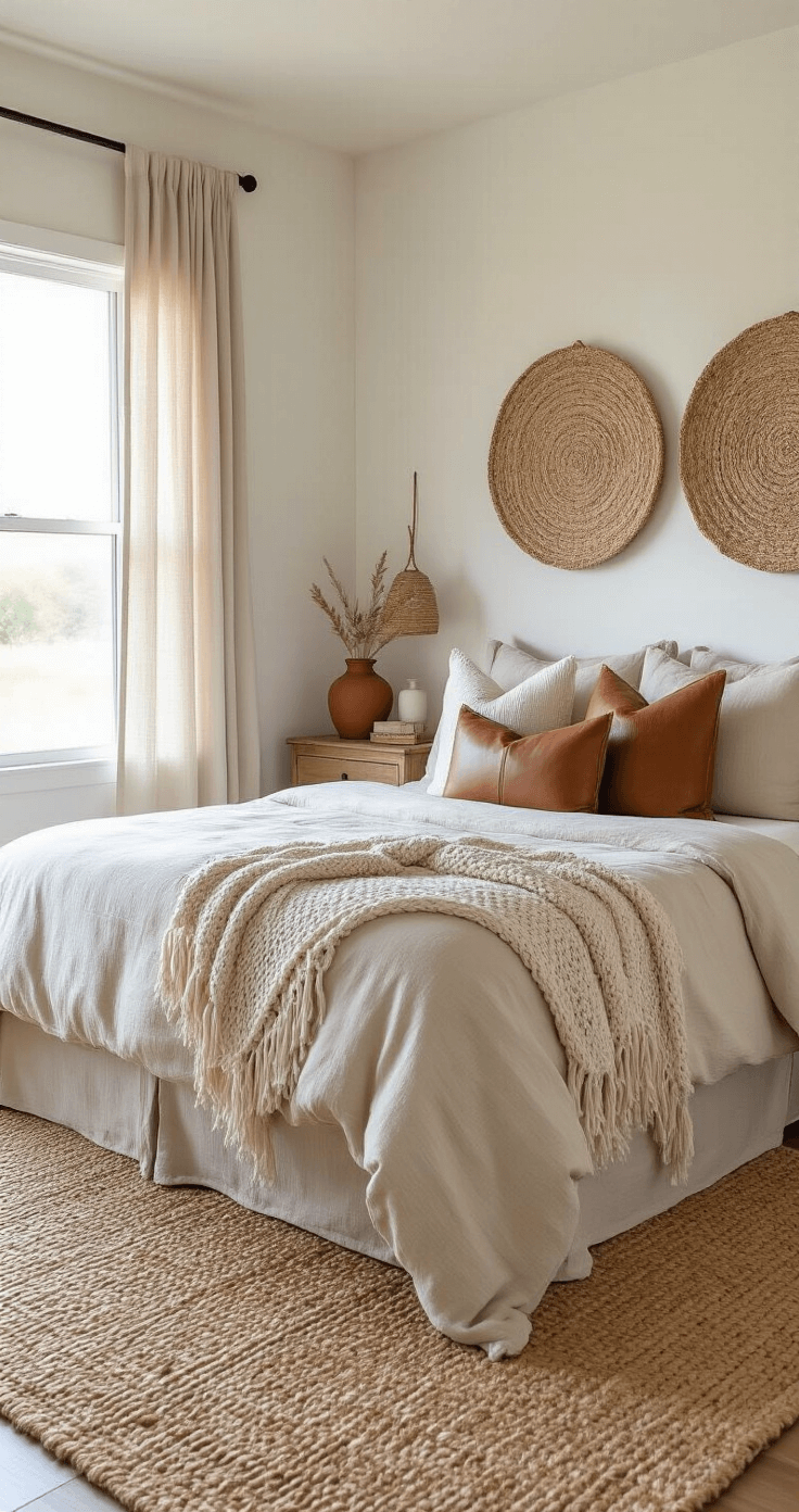 Coastal Cowgirl Bedroom: The Ultimate Design Guide to Rustic Coastal Charm Budget-friendly coastal cowgirl bedroom featuring neutral bedding, macramé throw pillows, a chunky knit blanket, and a jute area rug, enhanced by woven wall art and DIY decor on nightstands, all bathed in warm evening light.