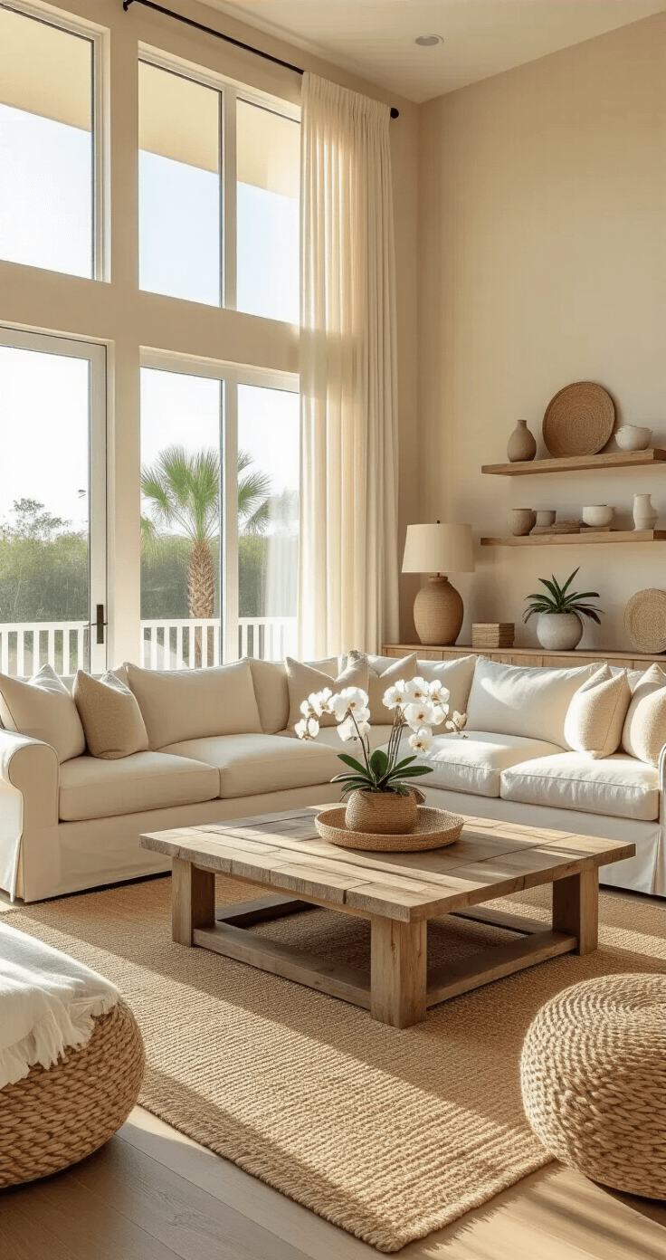 Wide-angle view of a spacious Florida living room featuring floor-to-ceiling windows, a creamy white and warm beige color palette, and golden hour sunlight casting soft shadows on polished hardwood floors, with a contemporary sectional sofa facing a rustic wood coffee table, neutral textures, coastal decor accents, and organic elements like white orchids and palm fronds.