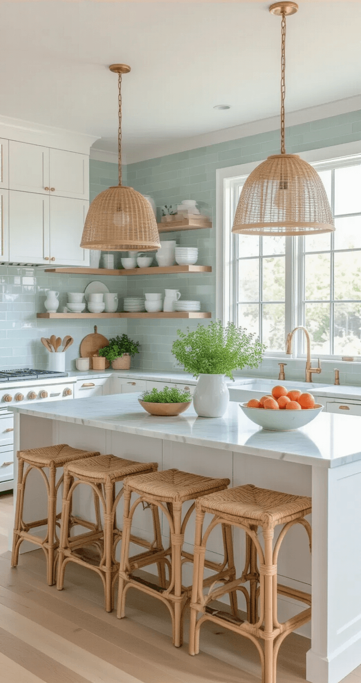 Bright contemporary kitchen featuring white shaker cabinets with brass hardware, honed Carrara marble countertops, coral accents, and open shelving. A large island with rattan stools, soft seafoam green subway tile backsplash, and abundant natural light from untreated windows highlight the coastal-inspired design.