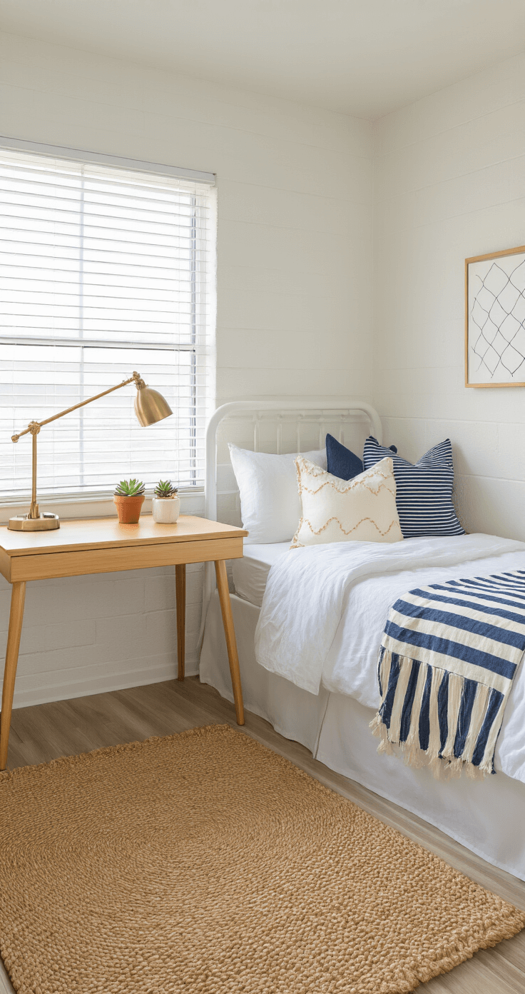 Photorealistic overview of a coastal-themed dorm room featuring cinderblock walls, a lofted twin XL bed with white linens and decorative pillows, a honey-toned wooden desk with brass lamp, and seashell motif wallpaper, all illuminated by warm golden hour sunlight from a west-facing window.