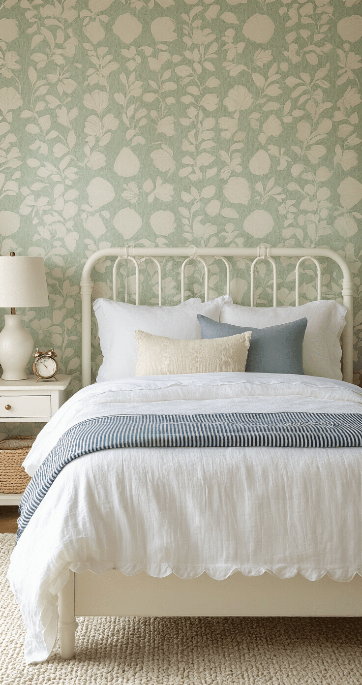 Close-up of a coastal-themed twin XL bed in warm morning light, featuring a white metal frame, soft sage and cream shell-patterned wallpaper, luxurious white percale sheets, a cream linen duvet, and a layered pillow arrangement. A nightstand holds a white ceramic lamp, brass alarm clock, and leather-bound journal, with sunlight filtering through sheer curtains.